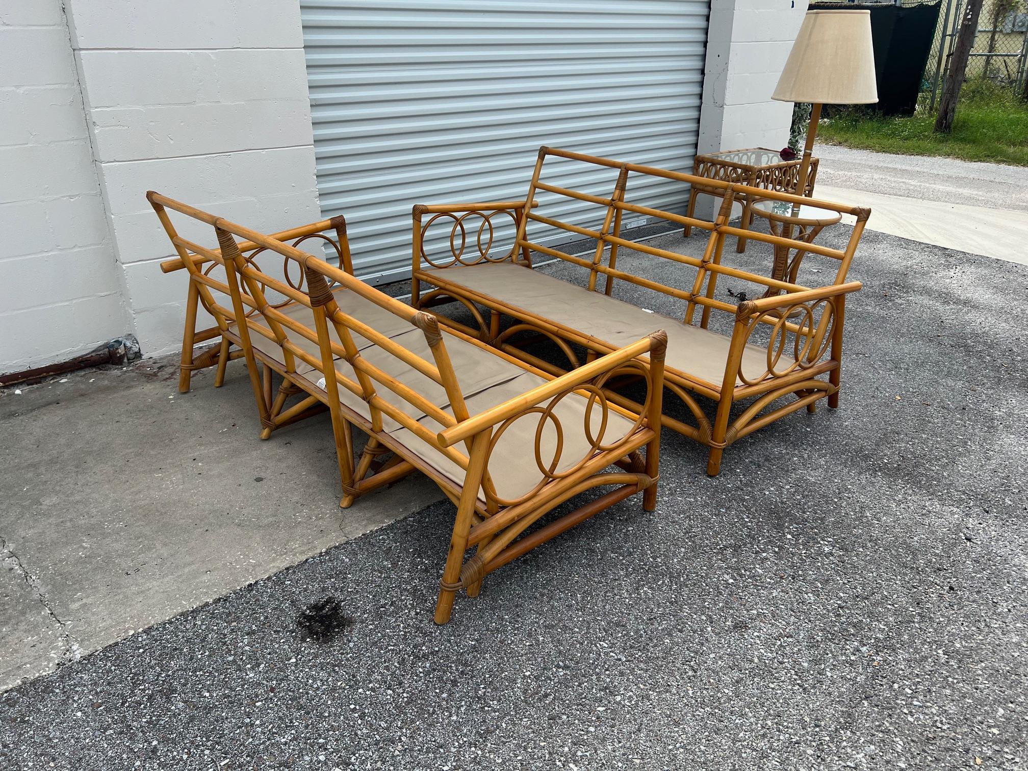 American A Pair Of Three Seat Rattan Sofas For Sale