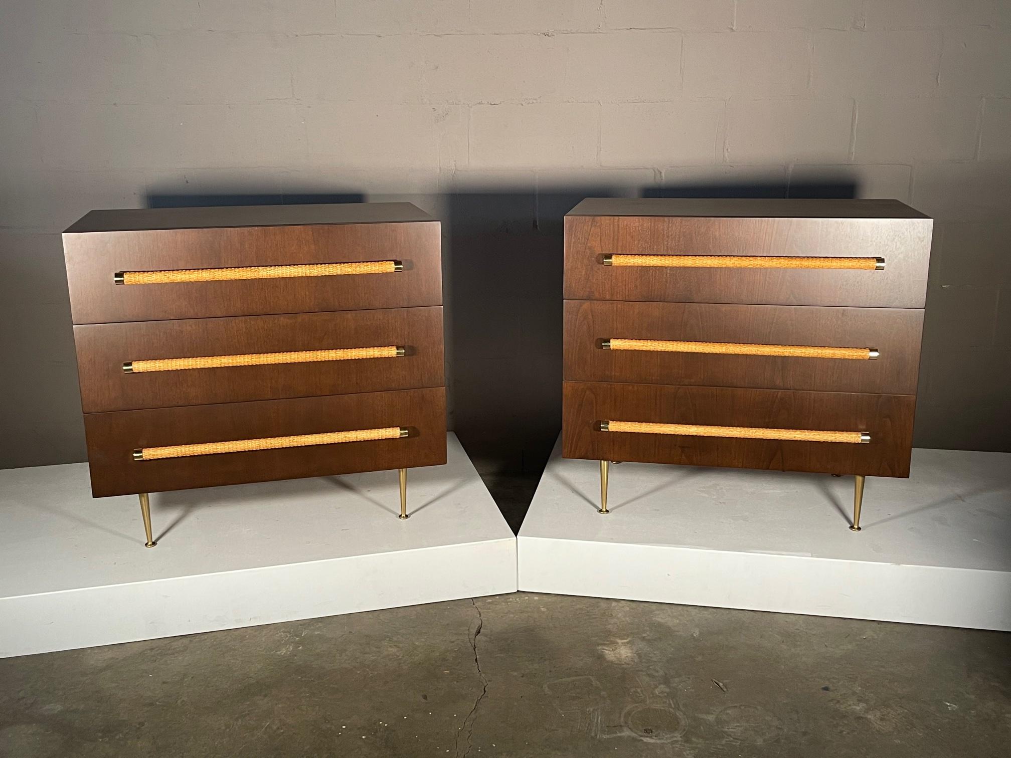 Mid-Century Modern Pair of T.H.Robsjohn-Gibbings Three Drawer Chests with Caned Handles