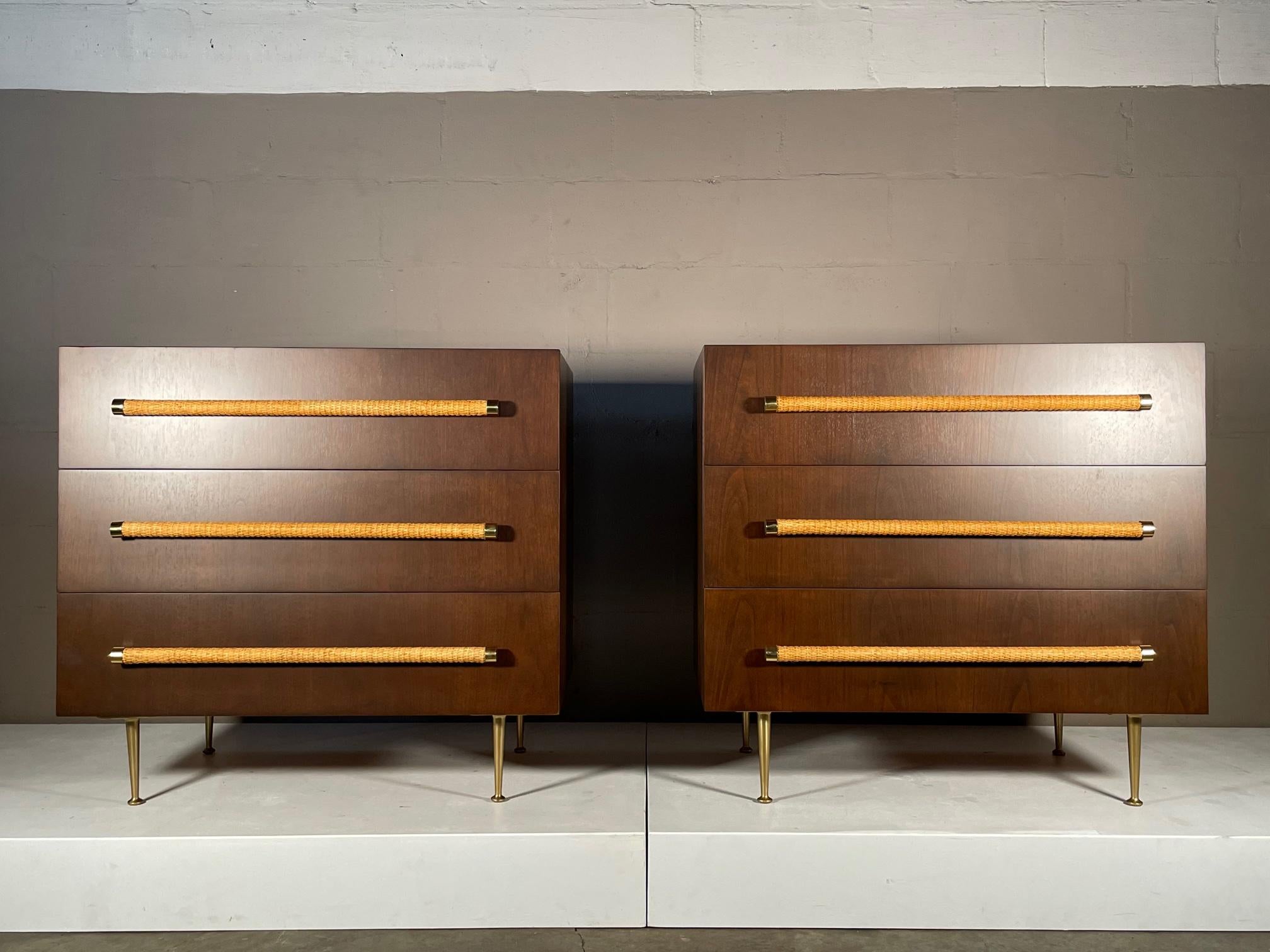 Mid-20th Century Pair of T.H.Robsjohn-Gibbings Three Drawer Chests with Caned Handles
