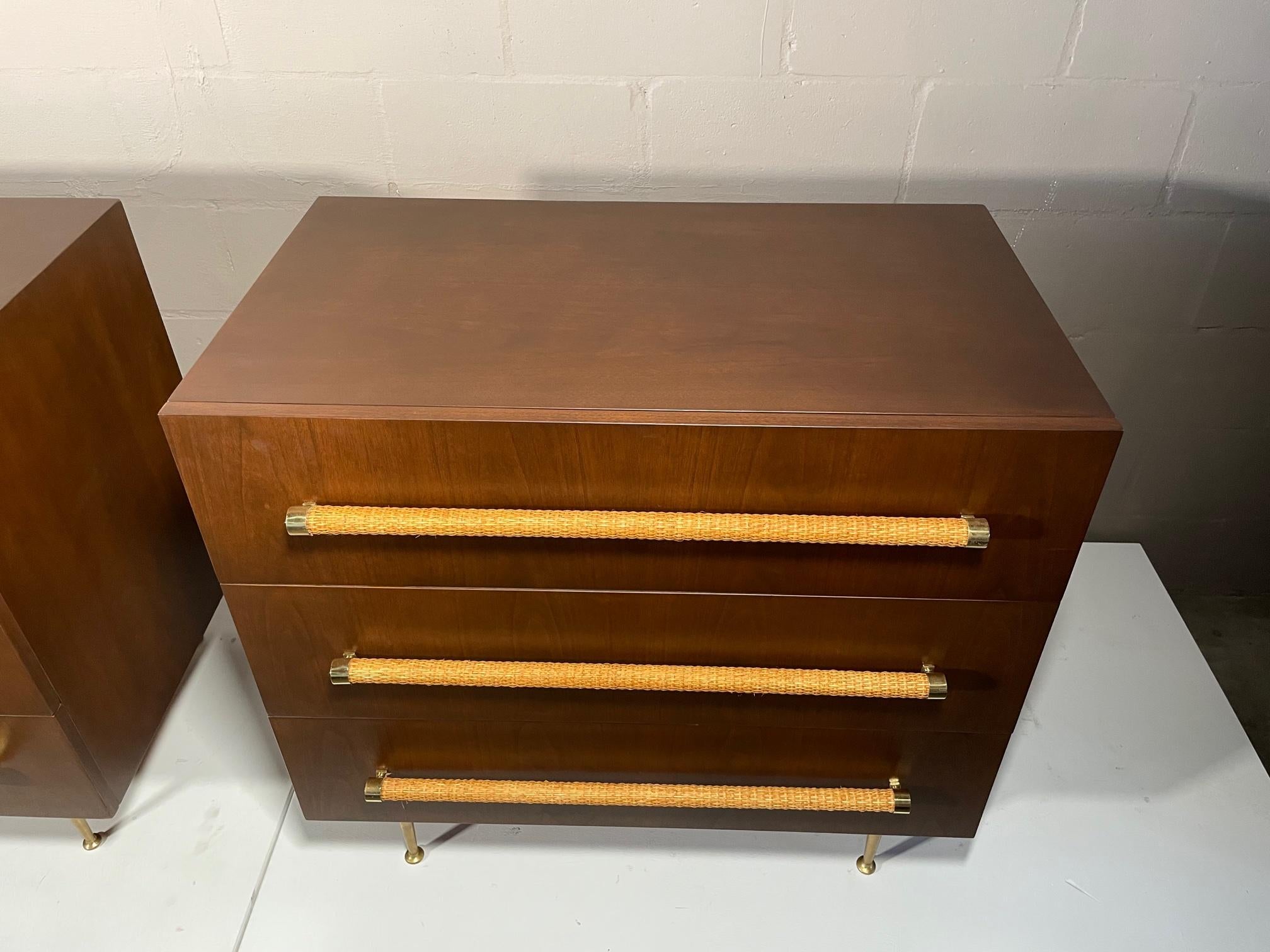Walnut Pair of T.H.Robsjohn-Gibbings Three Drawer Chests with Caned Handles