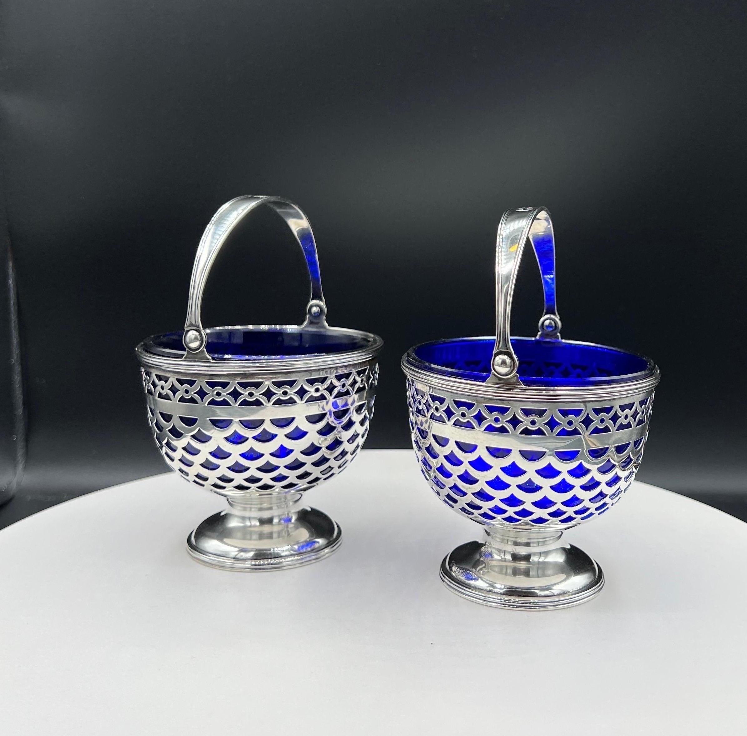 A Pair of Tiffany Baskets with Cobalt Liner For Sale 2