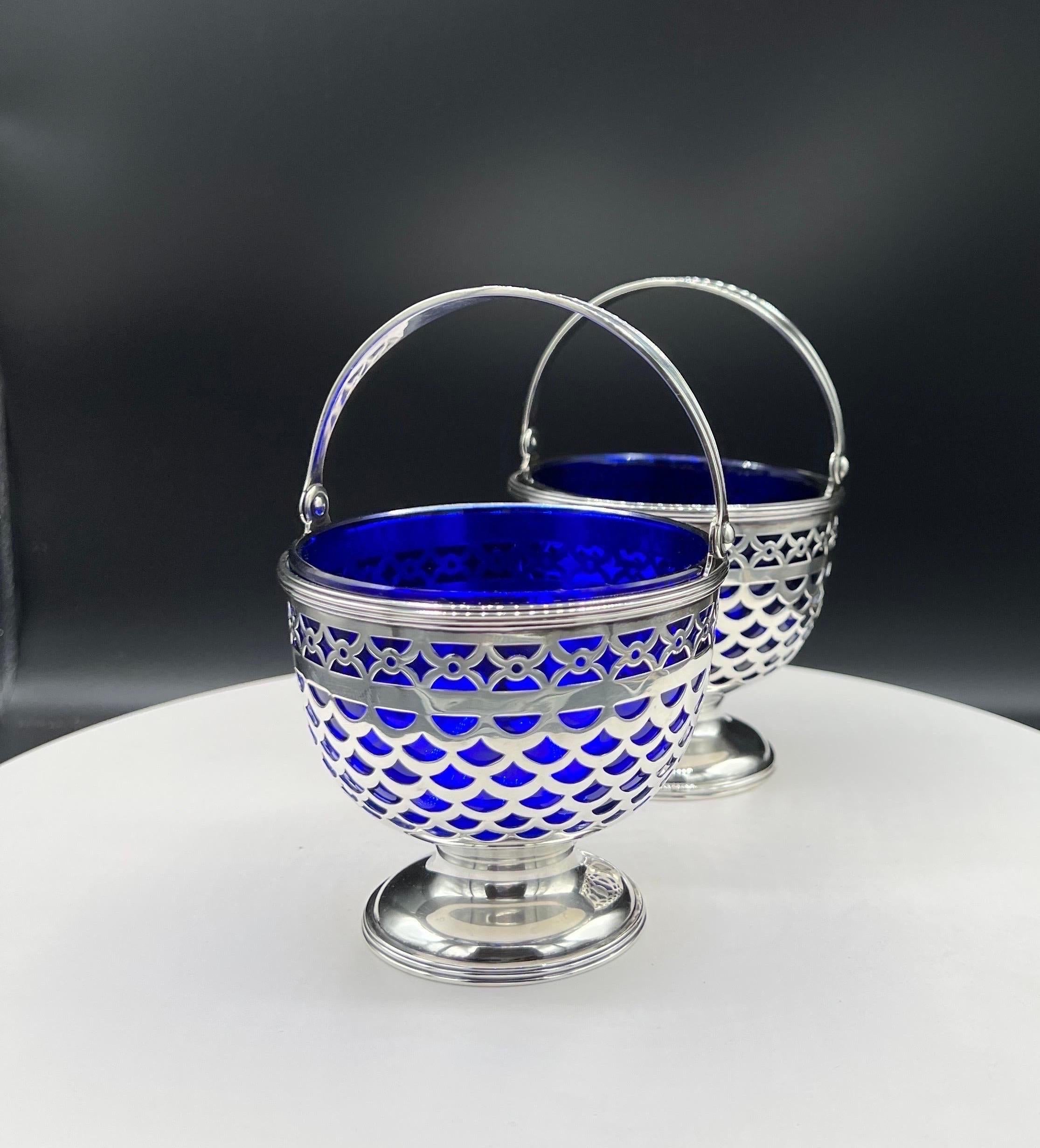 Polished A Pair of Tiffany Baskets with Cobalt Liner For Sale