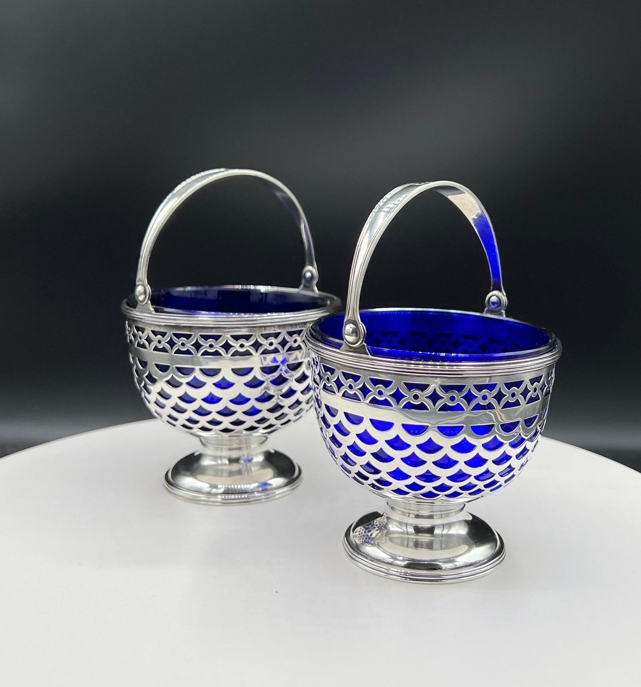 Sterling Silver A Pair of Tiffany Baskets with Cobalt Liner For Sale