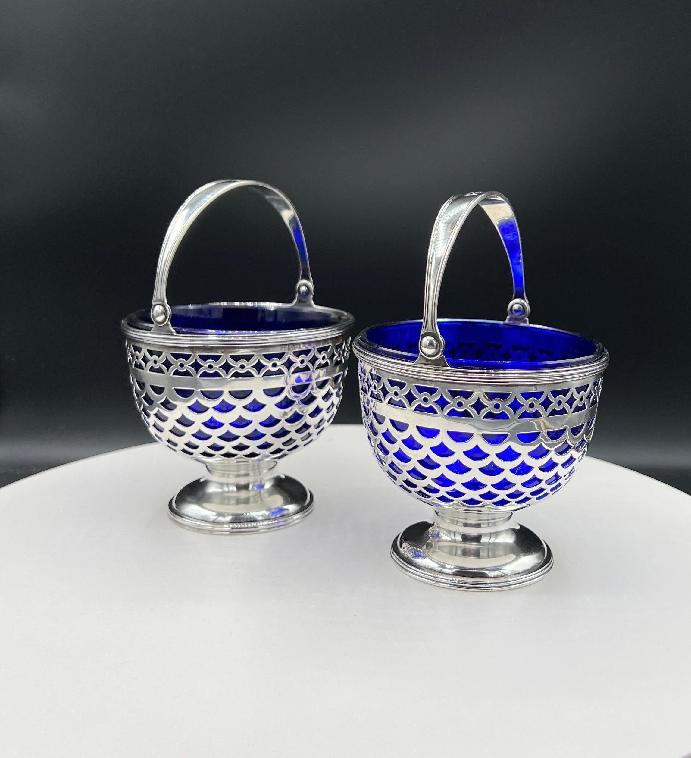 A Pair of Tiffany Baskets with Cobalt Liner For Sale 1