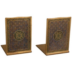 Antique Pair of Tiffany Gilt and Enamel Bookends in the Medallion Pattern '#2028'