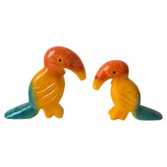 A Pair of Toucan Parrot Bird Handcarved Colour Dyed Onyx Stone Animal Figurine