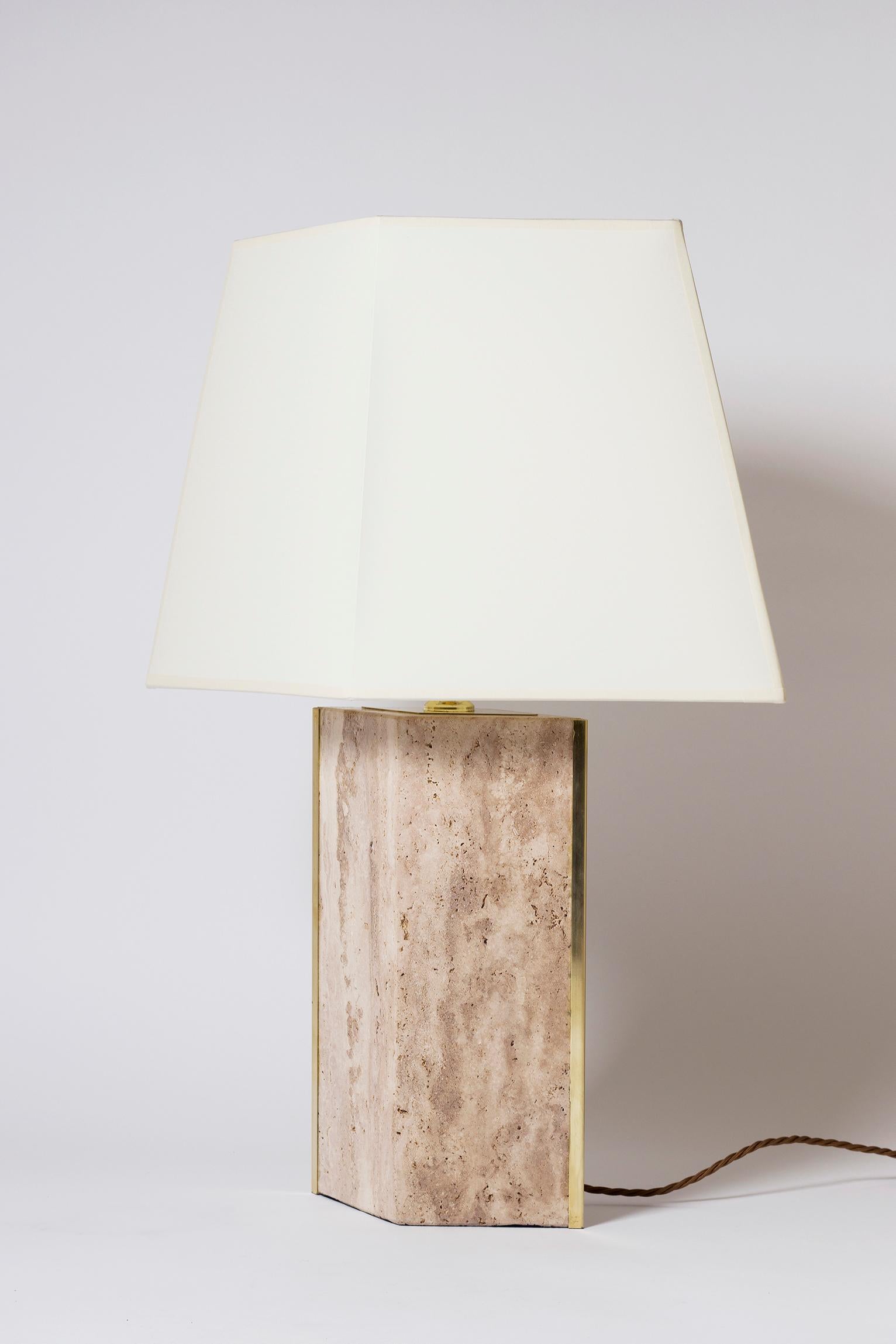 British Pair of Travertine and Brass 'Marine' Table Lamps, by Dorian Caffot de Fawes