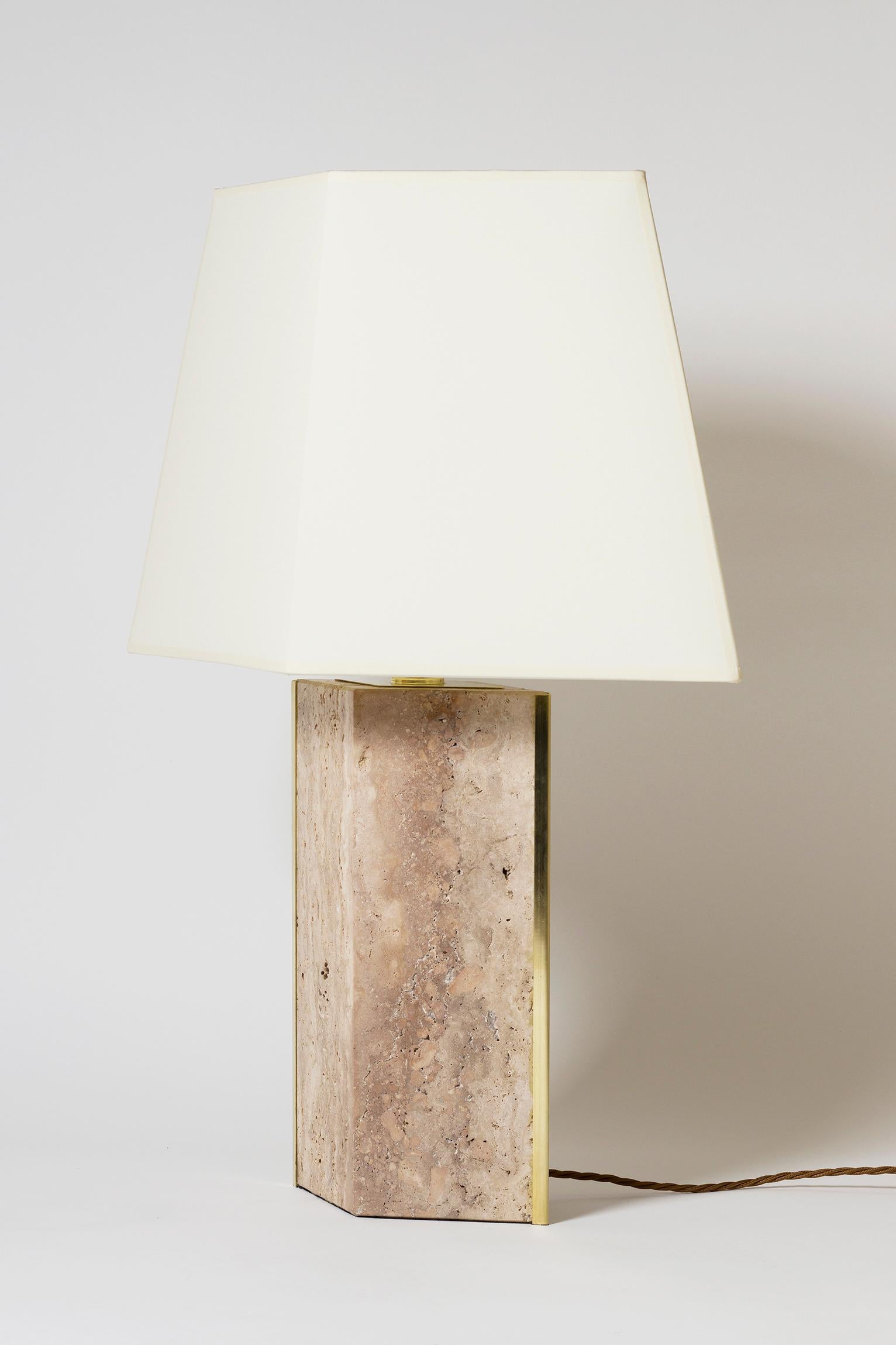 Pair of Travertine and Brass 'Marine' Table Lamps, by Dorian Caffot de Fawes In Good Condition In London, GB