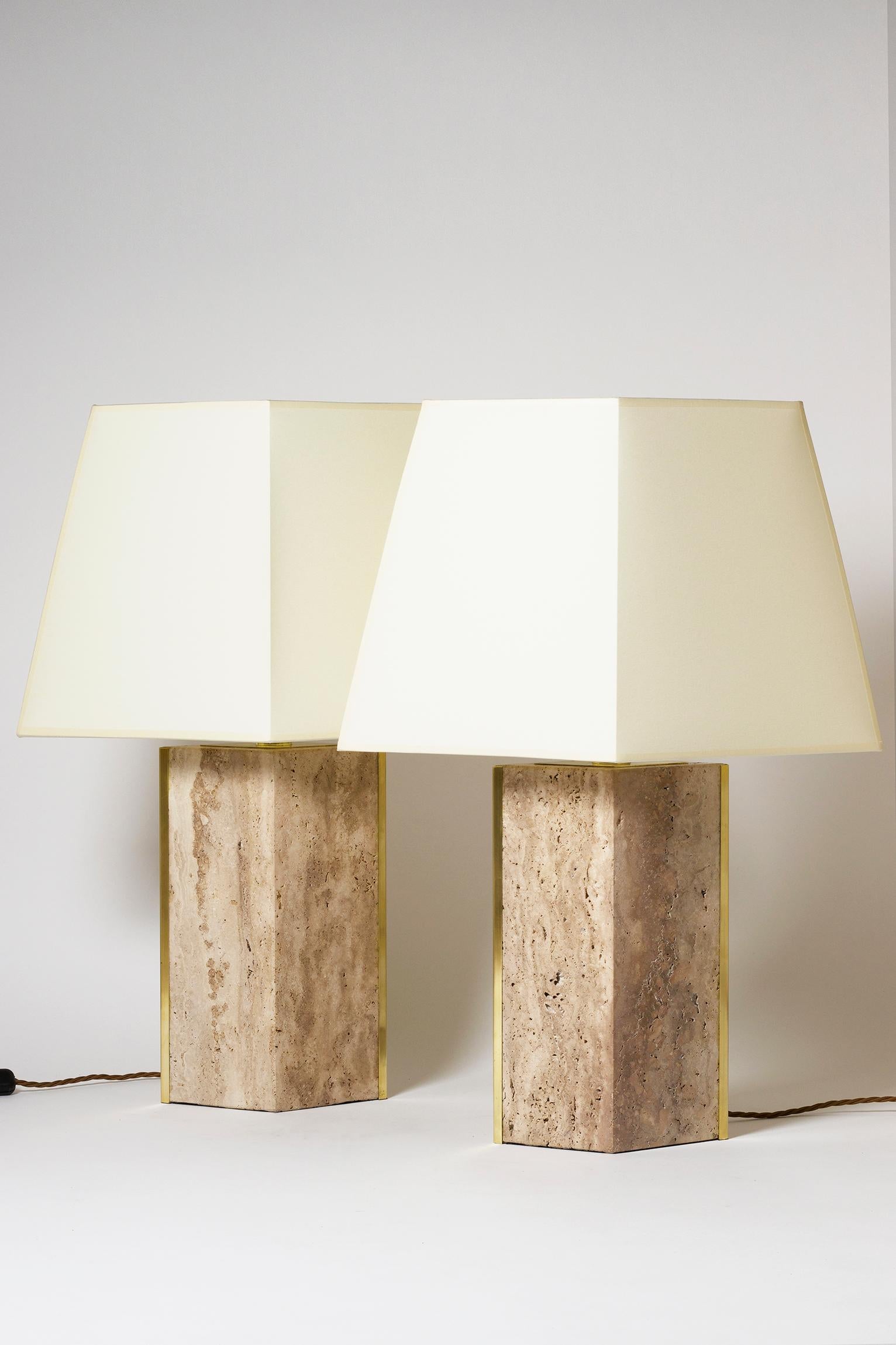 Pair of Travertine and Brass 'Marine' Table Lamps, by Dorian Caffot de Fawes 1