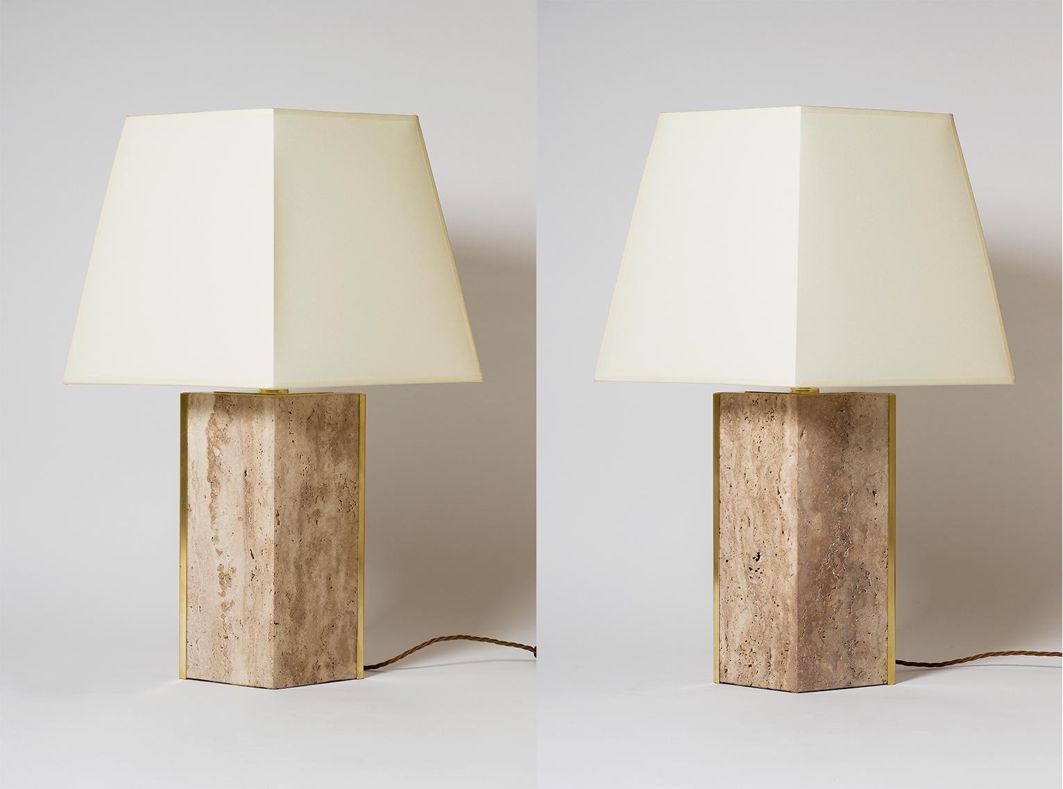 Pair of Travertine and Brass 'Marine' Table Lamps, by Dorian Caffot de Fawes 3