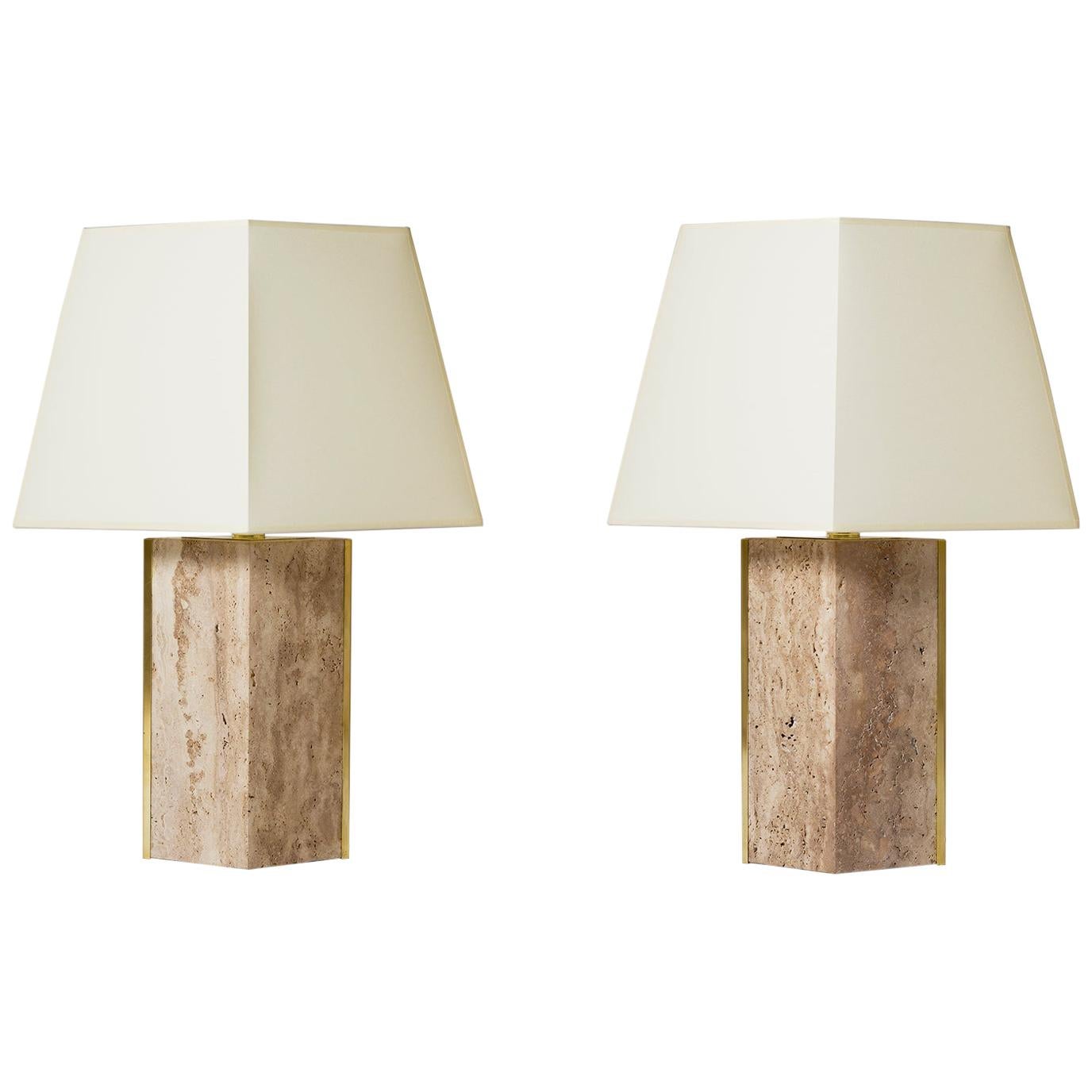 Pair of Travertine and Brass 'Marine' Table Lamps, by Dorian Caffot de Fawes