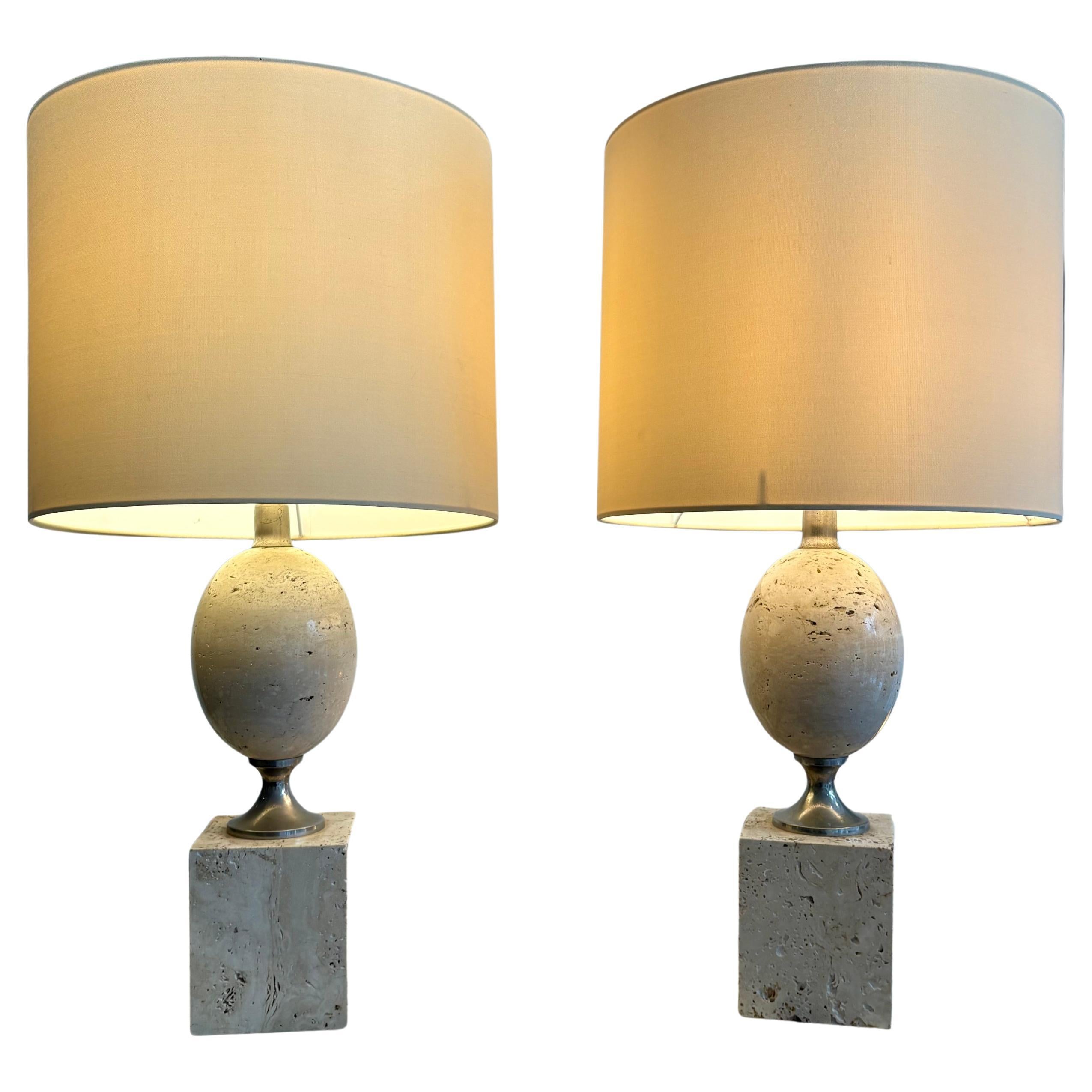 Paire de lampes de table en travertin conçue par Philippe Barbier pour Maison Barbier
