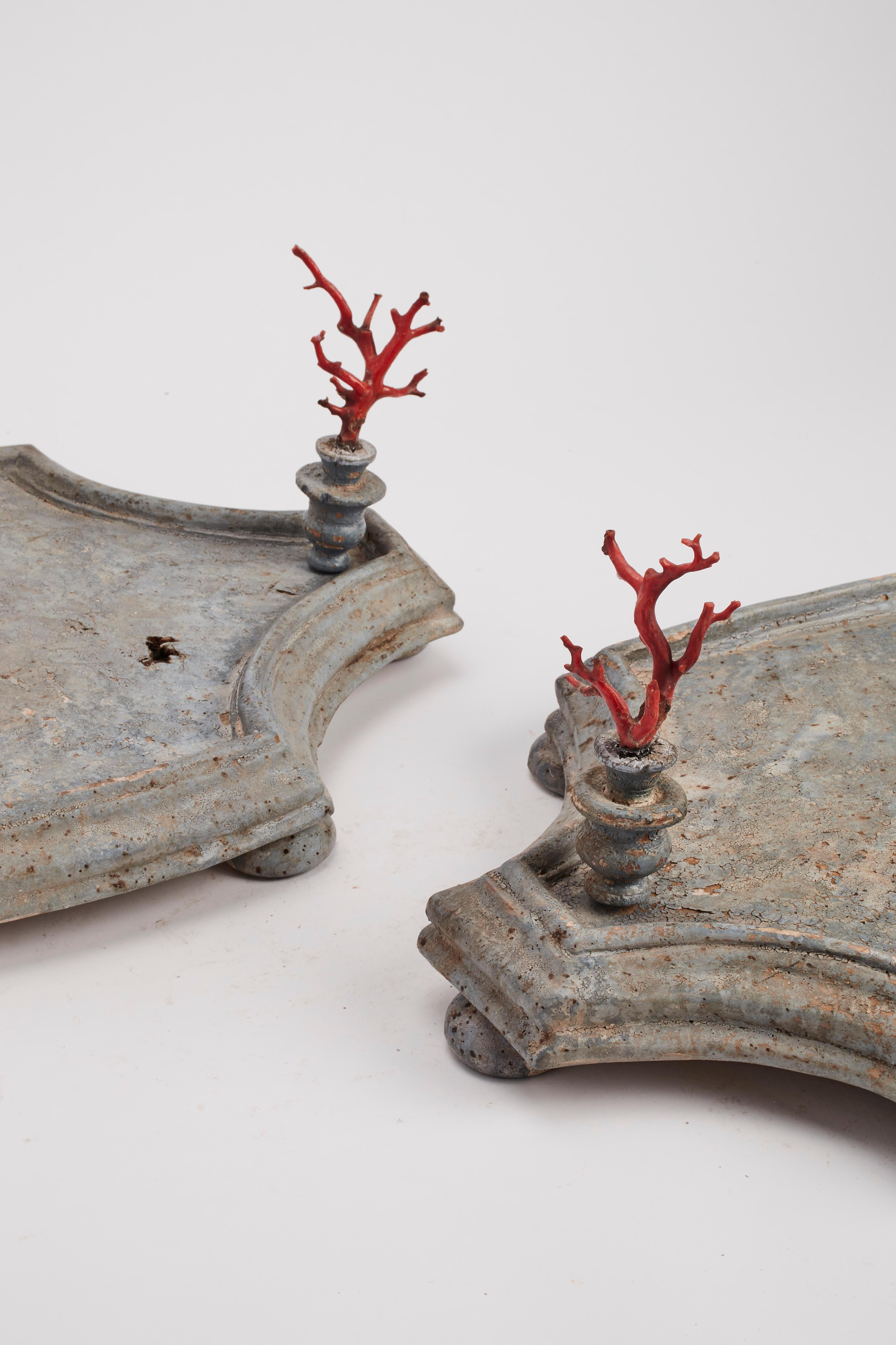 Mid-19th Century Pair of Trays with Coral Brunches, Italy, 1830