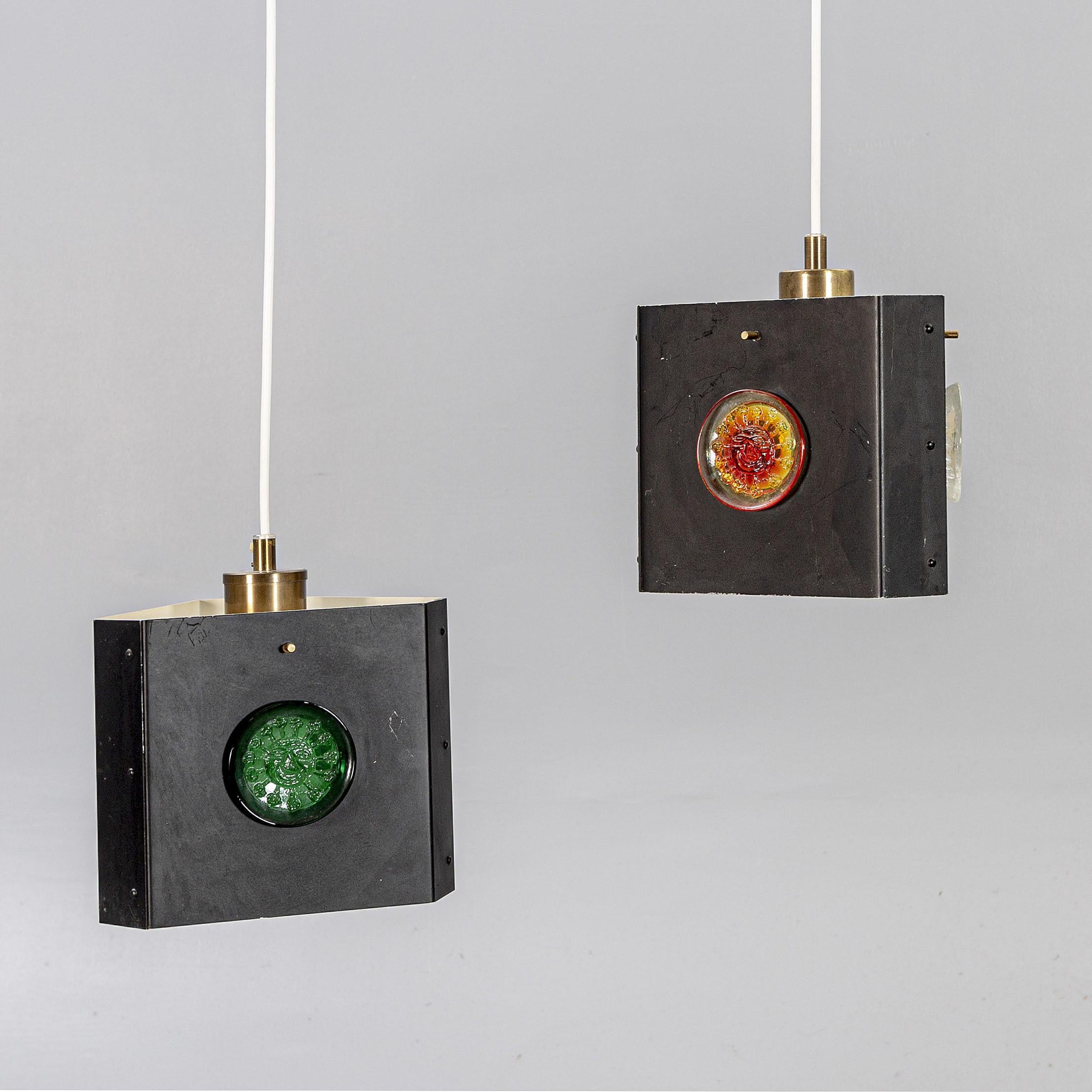 Metal Pair of Triangular Pendants Light by Hans Bergstrom, Sweden, 1950 For Sale