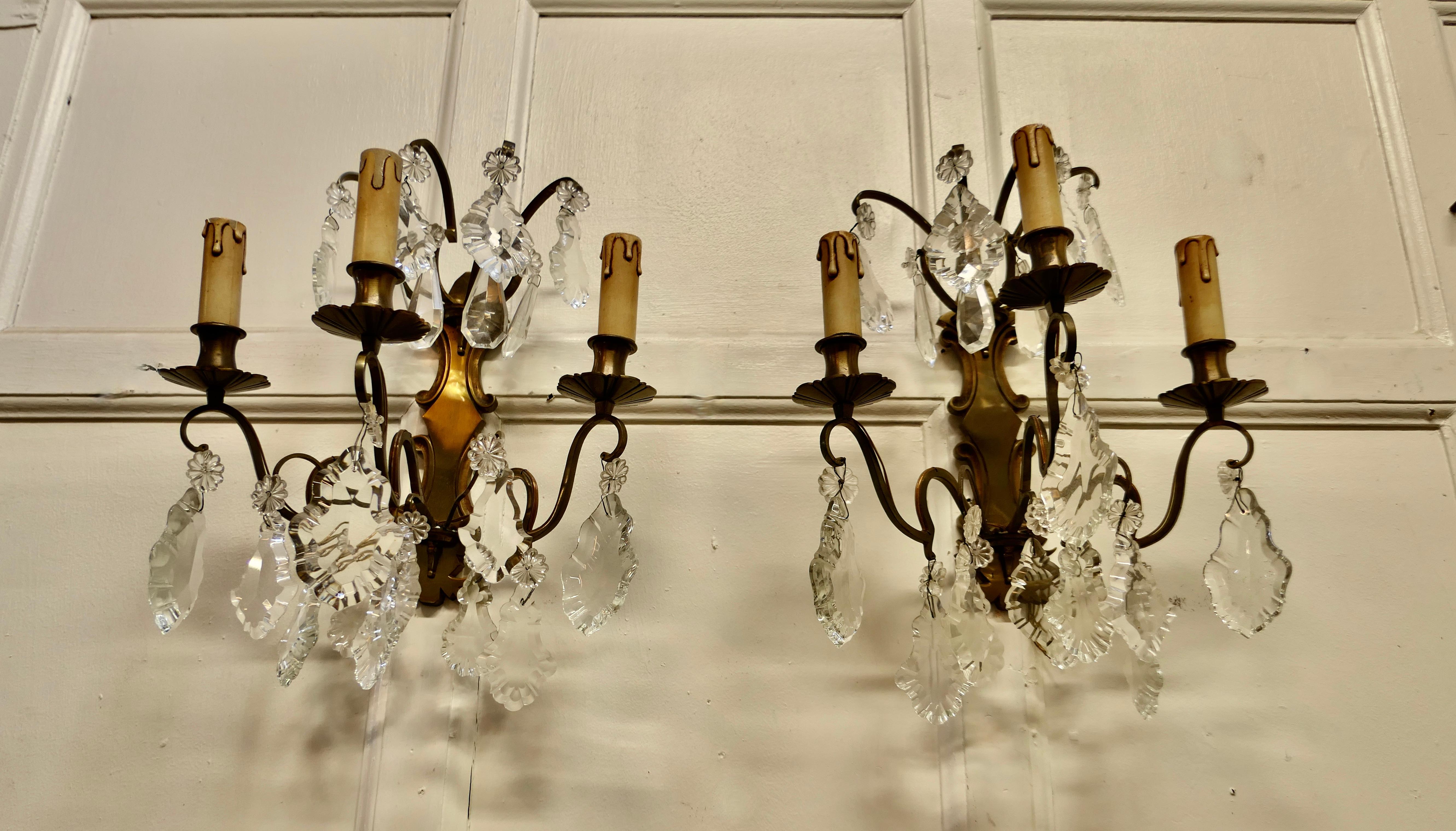 Pair of Triple Wall Chandeliers, Two Triple Sconce Wall Lights In Good Condition For Sale In Chillerton, Isle of Wight
