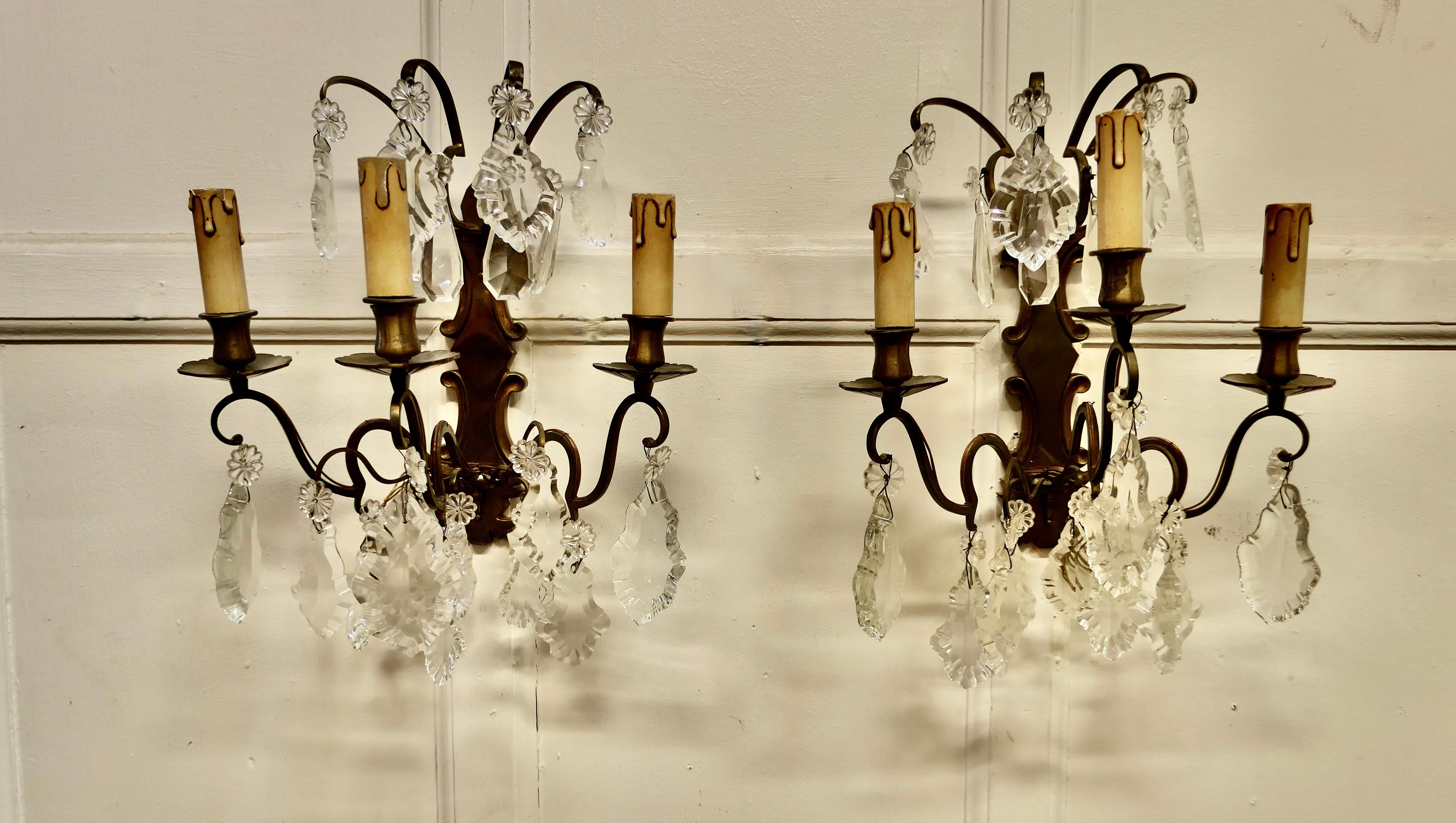 20th Century Pair of Triple Wall Chandeliers, Two Triple Sconce Wall Lights For Sale