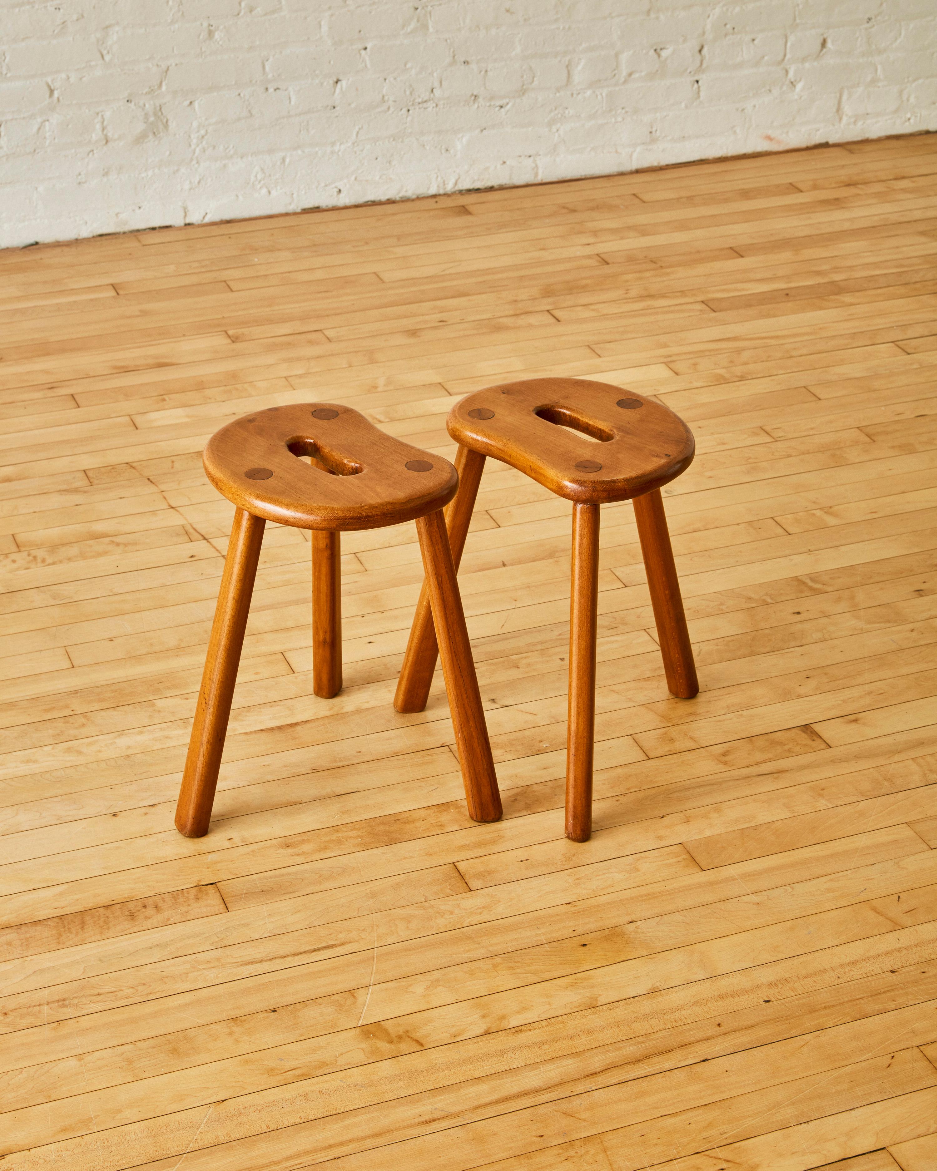 Unknown A Pair of Tripod Elm Wood Stools For Sale