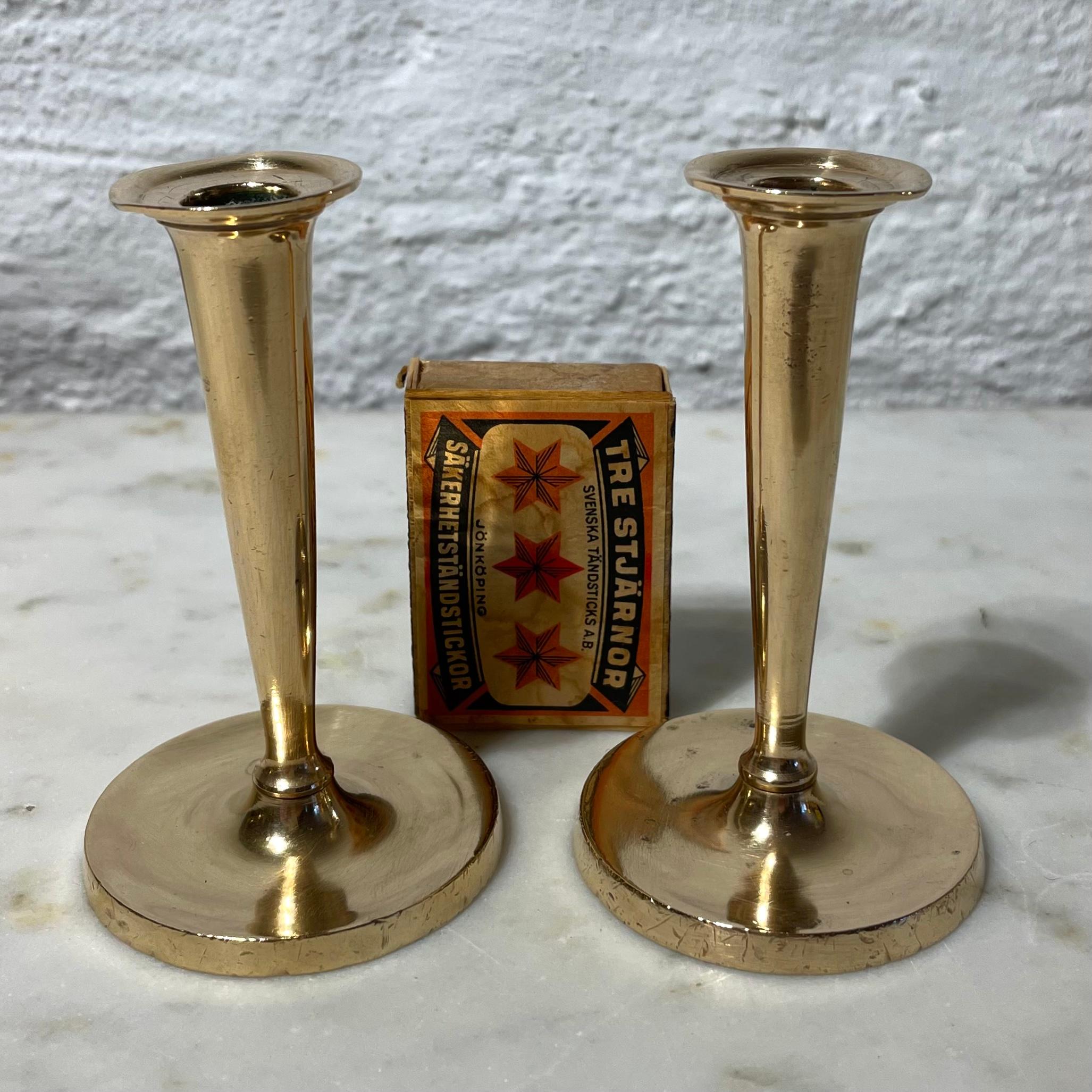 Karl Johan Pair of Trumpet-Shaped Miniature Brass Candlesticks from, 1830s For Sale