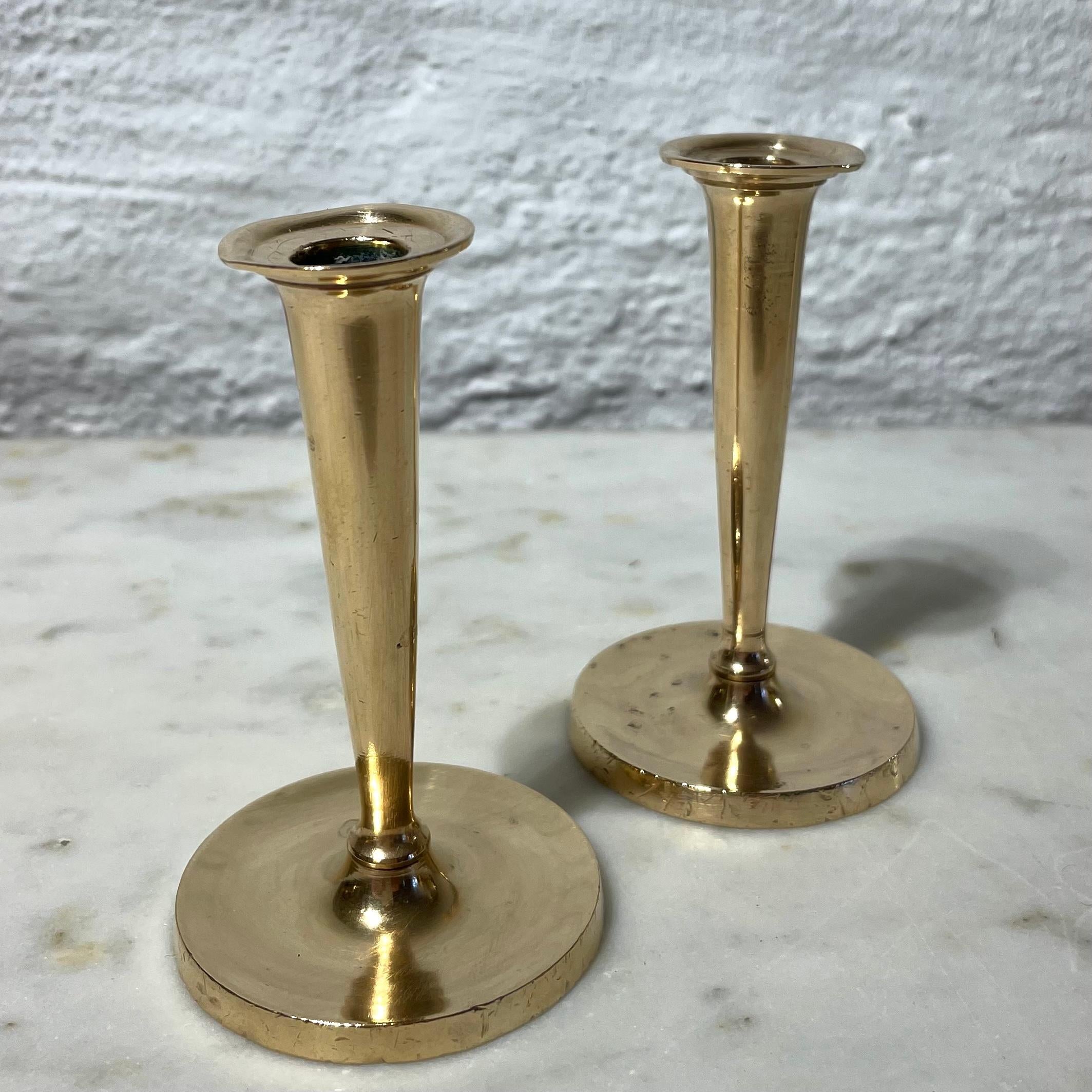 Swedish Pair of Trumpet-Shaped Miniature Brass Candlesticks from, 1830s For Sale