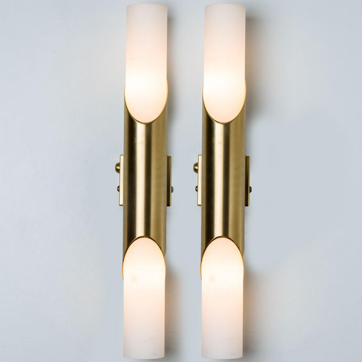 A Pair of Tube Milkglass Brass Wall Sconces, Germany, 1970s For Sale 7