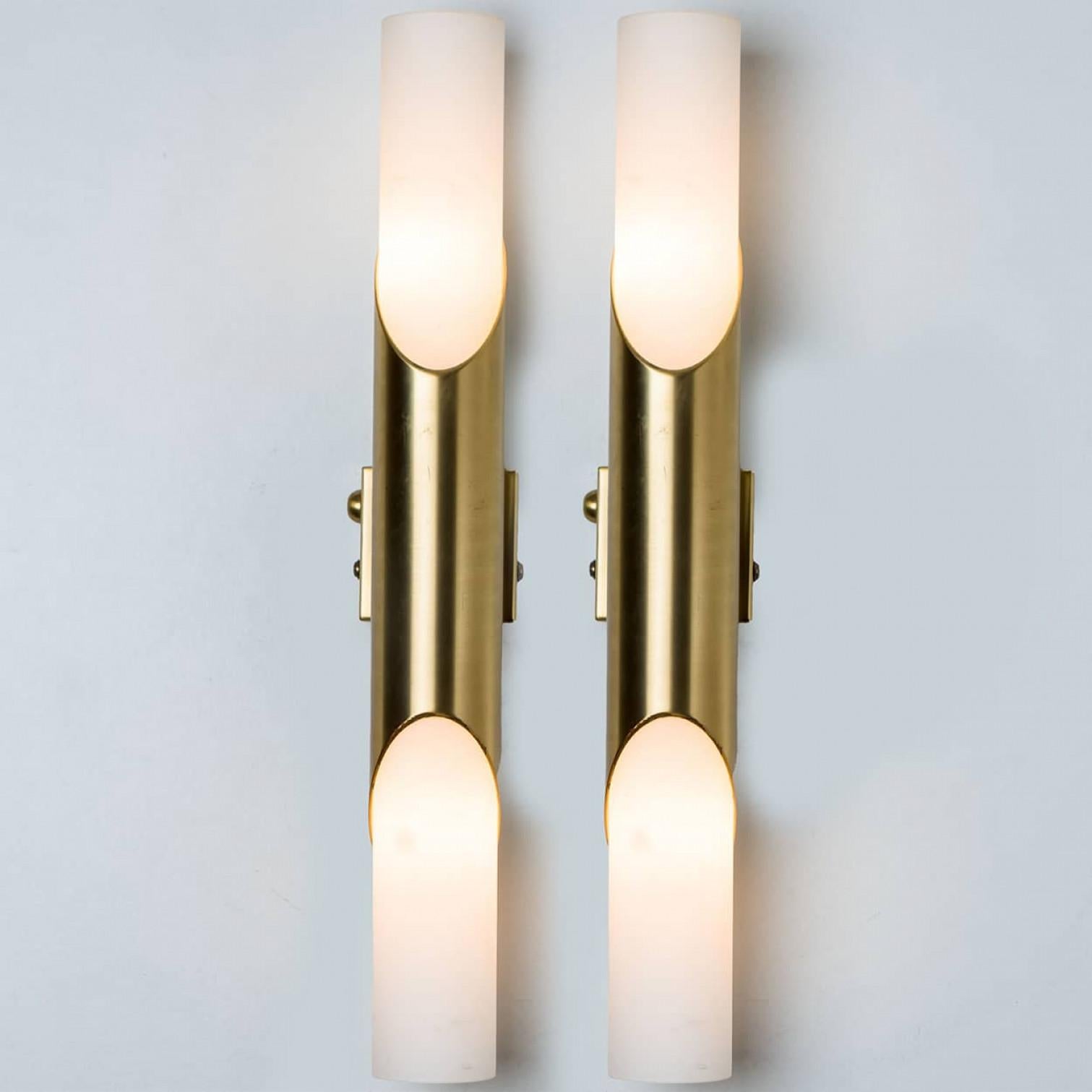 A Pair of Tube Milkglass Brass Wall Sconces, Germany, 1970s 7