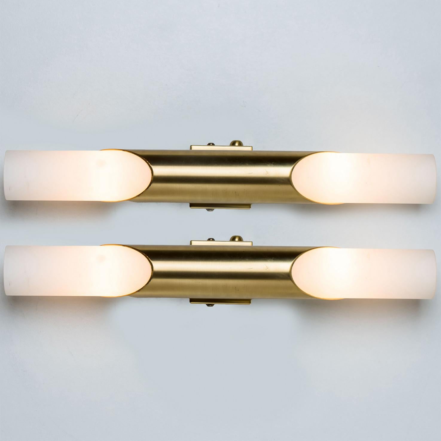 A Pair of Tube Milkglass Brass Wall Sconces, Germany, 1970s For Sale 8