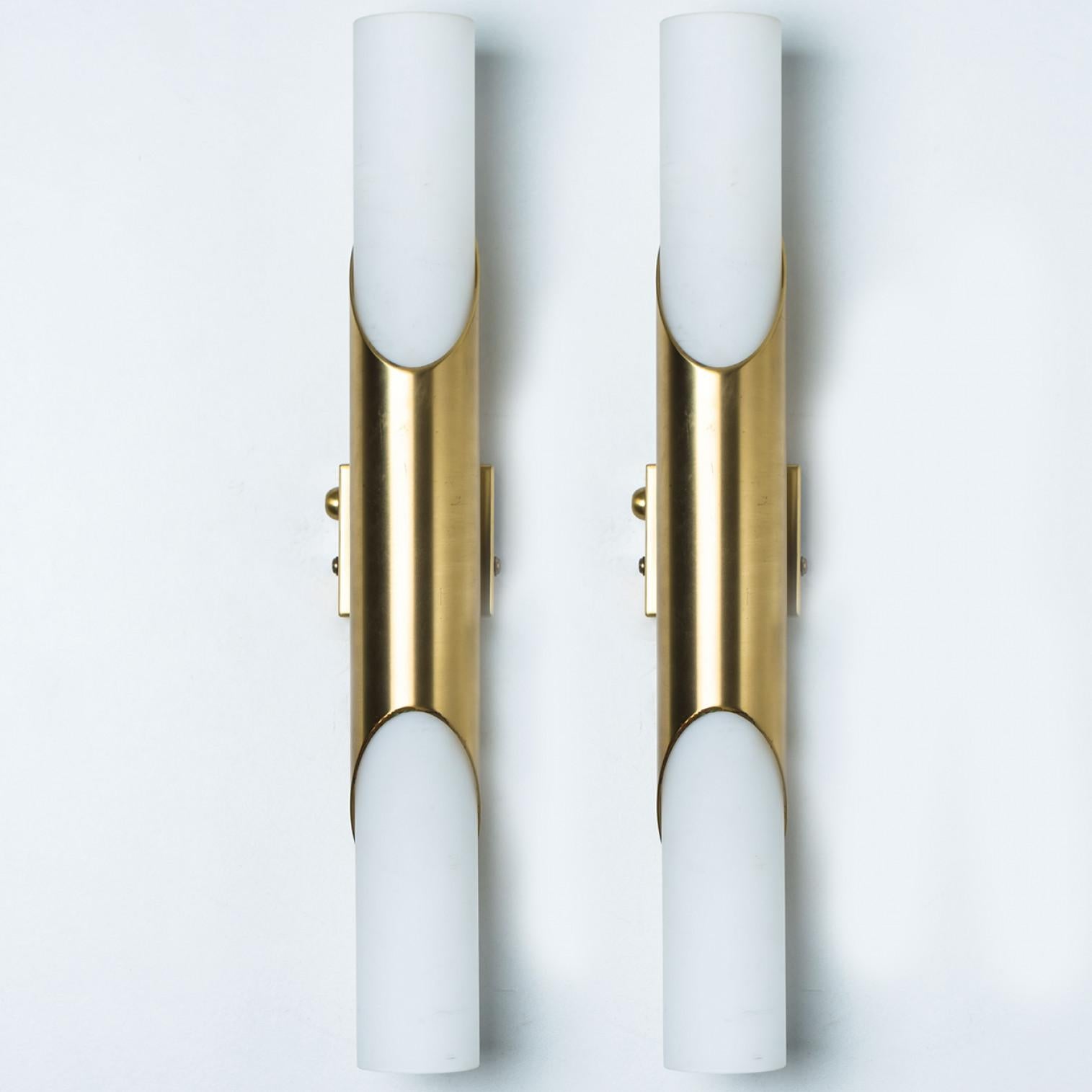 A Pair of Tube Milkglass Brass Wall Sconces, Germany, 1970s For Sale 9