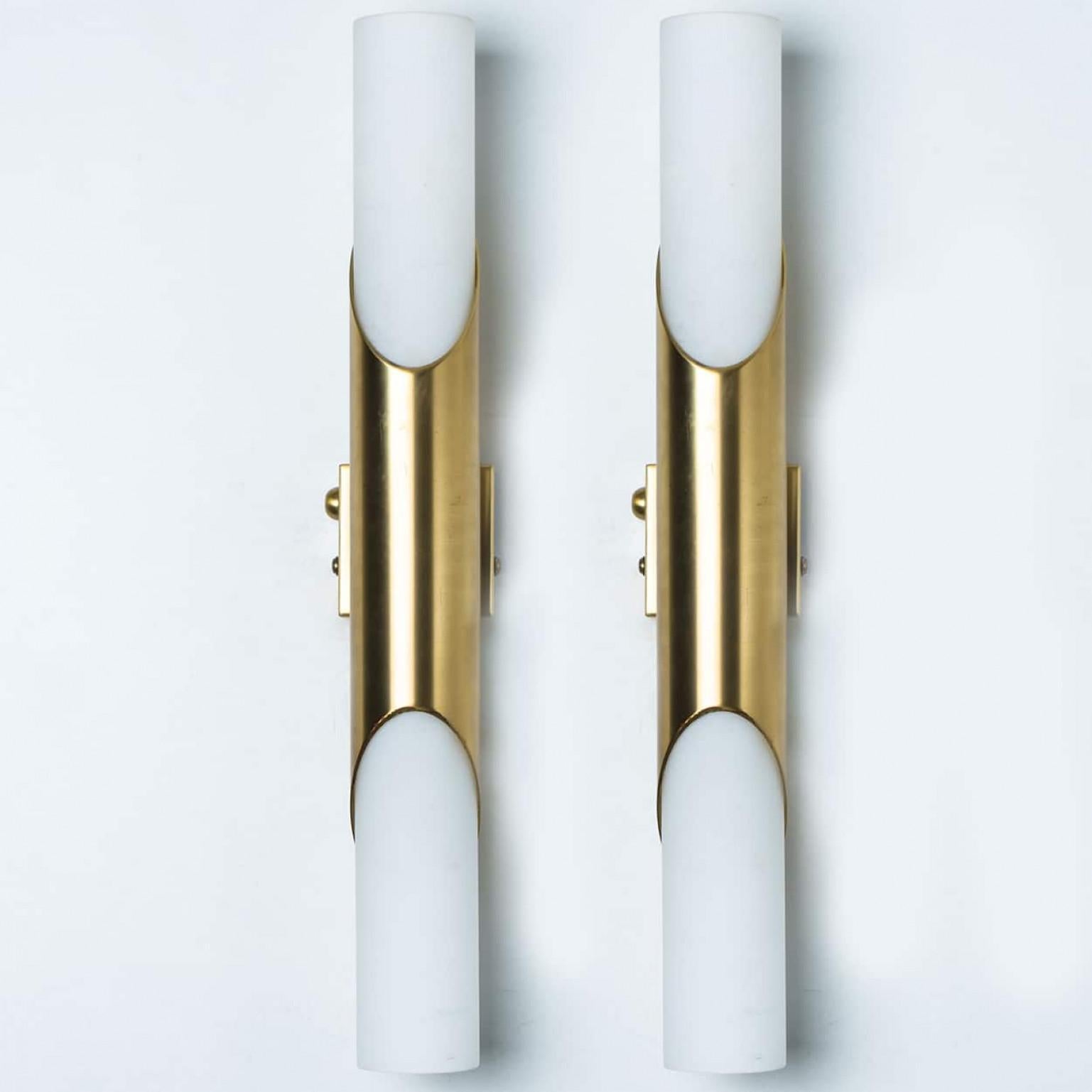 A Pair of Tube Milkglass Brass Wall Sconces, Germany, 1970s 9