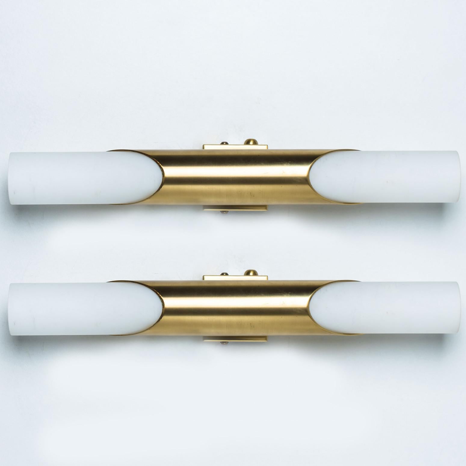 A Pair of Tube Milkglass Brass Wall Sconces, Germany, 1970s For Sale 10