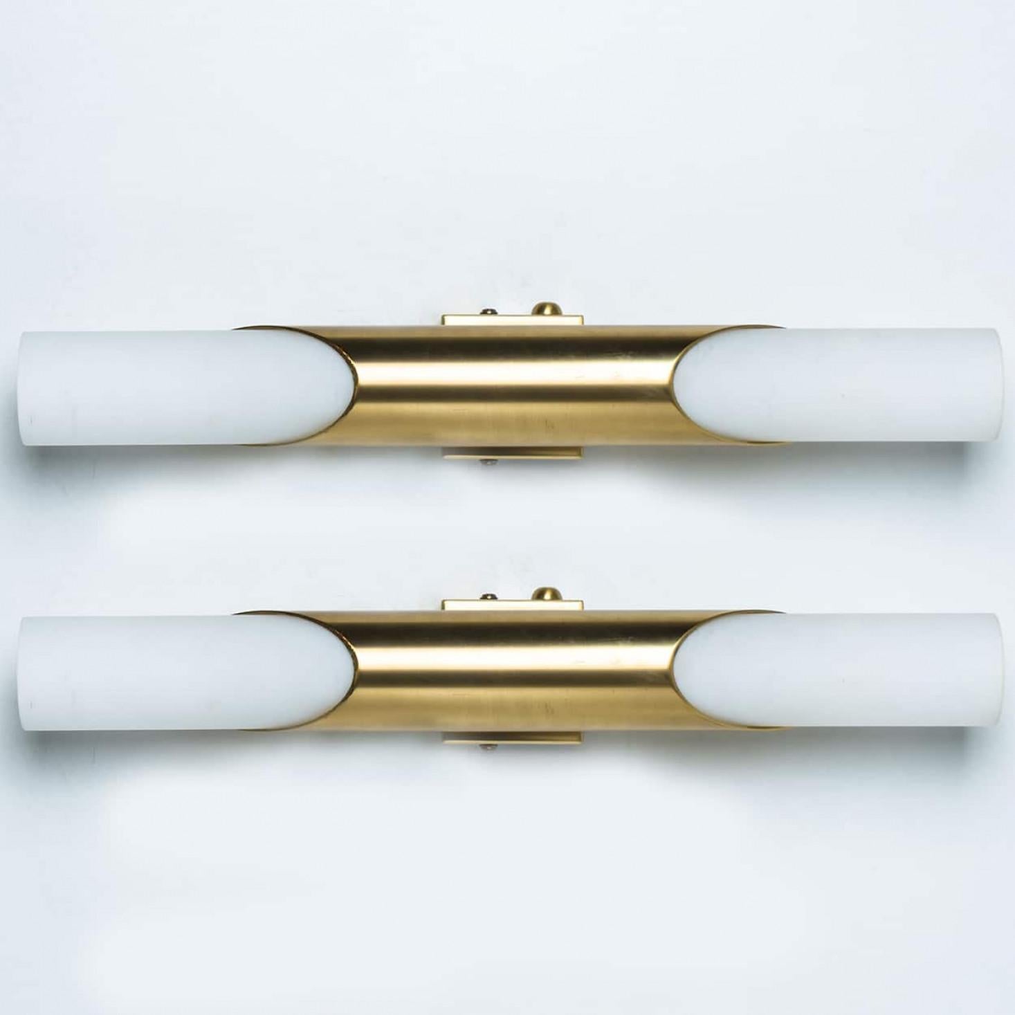 A Pair of Tube Milkglass Brass Wall Sconces, Germany, 1970s 10