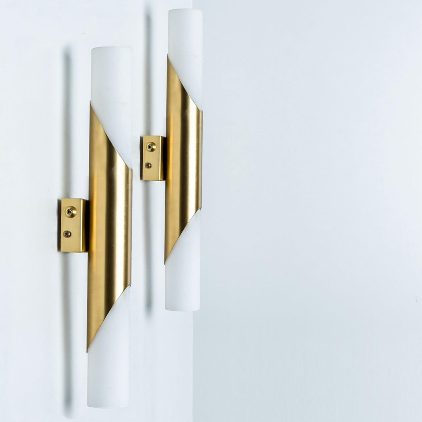 A Pair of Tube Milkglass Brass Wall Sconces, Germany, 1970s For Sale 11