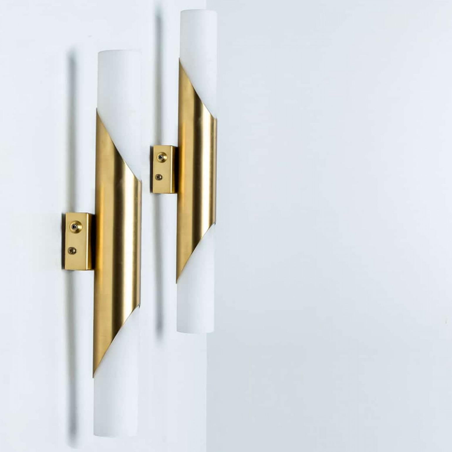 A Pair of Tube Milkglass Brass Wall Sconces, Germany, 1970s 11