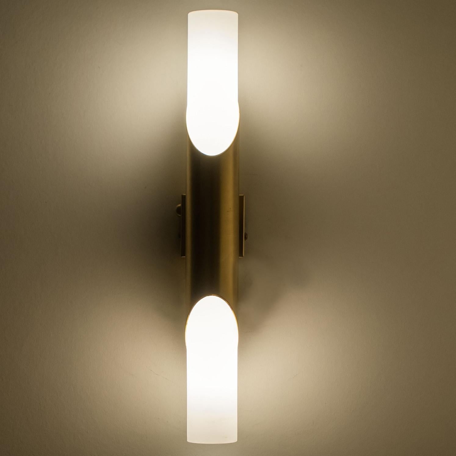 Mid-Century Modern A Pair of Tube Milkglass Brass Wall Sconces, Germany, 1970s