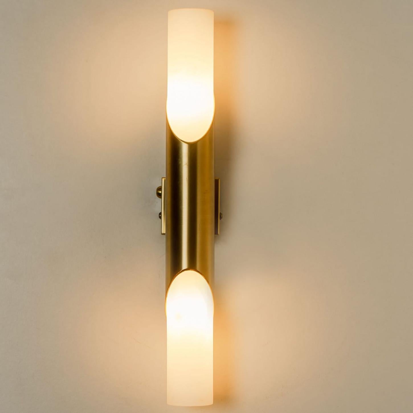 A Pair of Tube Milkglass Brass Wall Sconces, Germany, 1970s In Good Condition In Rijssen, NL