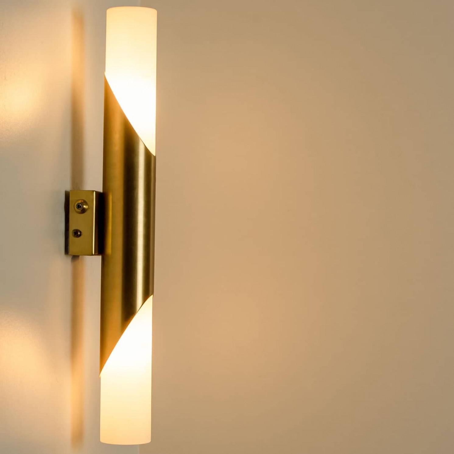 Late 20th Century A Pair of Tube Milkglass Brass Wall Sconces, Germany, 1970s