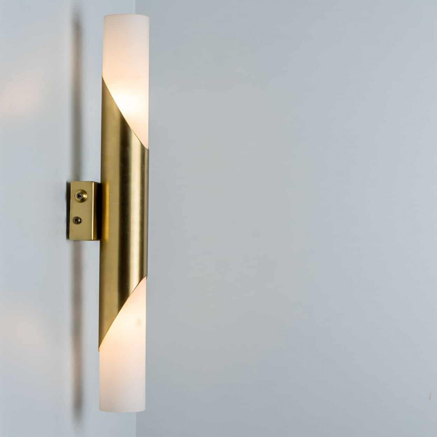 A Pair of Tube Milkglass Brass Wall Sconces, Germany, 1970s 1