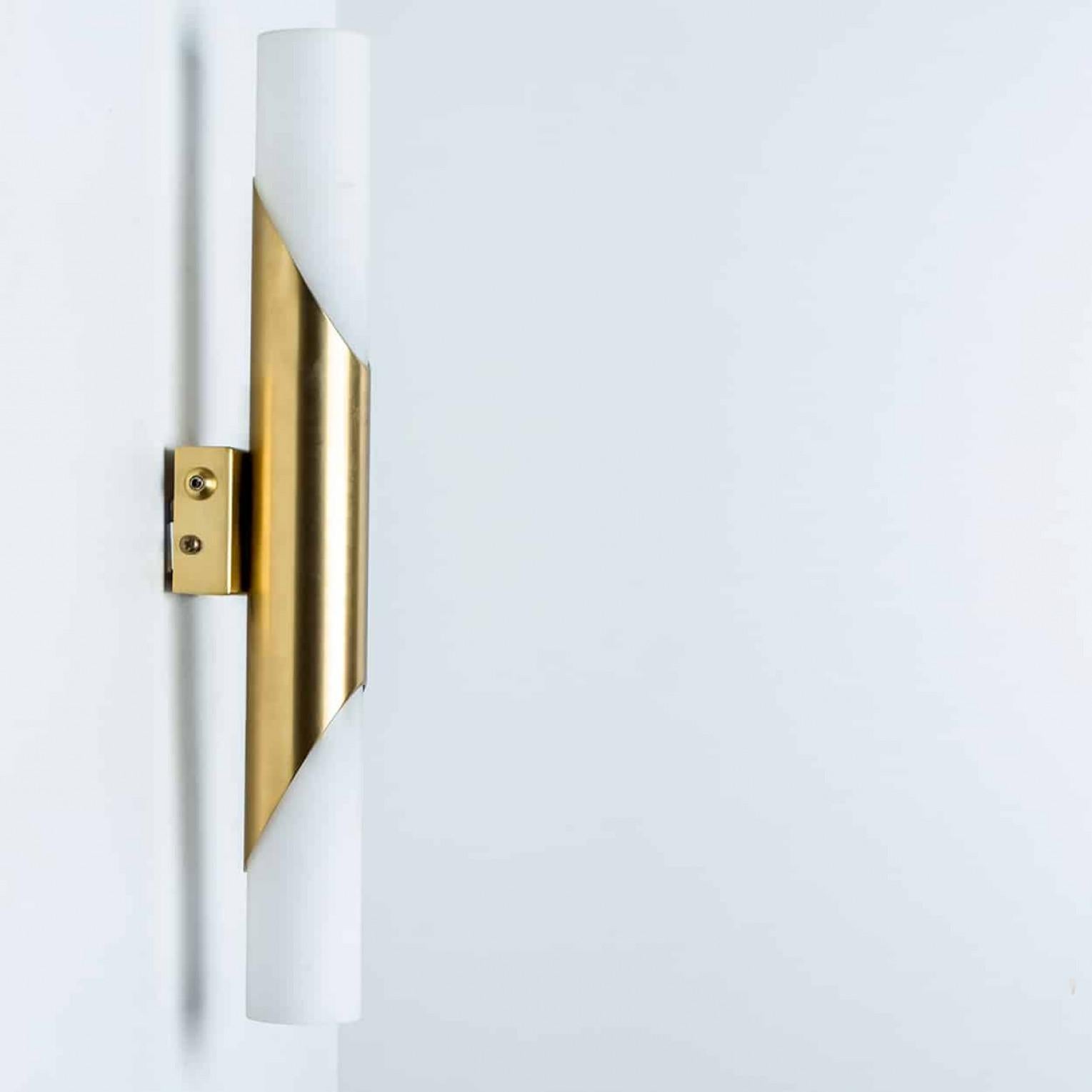 A Pair of Tube Milkglass Brass Wall Sconces, Germany, 1970s 2