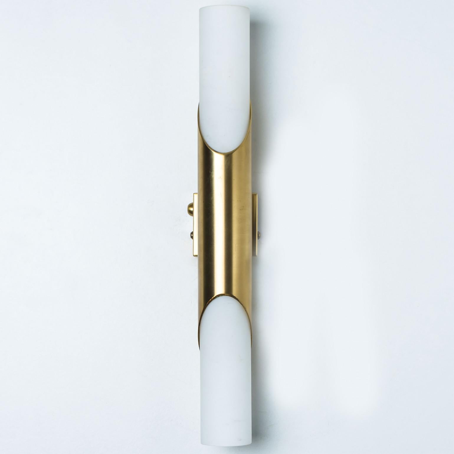 A Pair of Tube Milkglass Brass Wall Sconces, Germany, 1970s For Sale 3