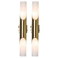 Retro A Pair of Tube Milkglass Brass Wall Sconces, Germany, 1970s