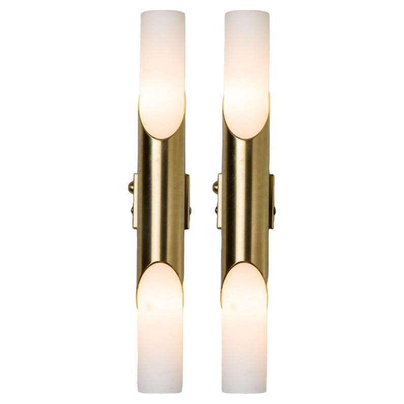 A Pair of Tube Milkglass Brass Wall Sconces, Germany, 1970s For Sale