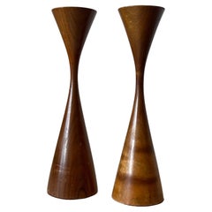 Vintage A Pair of Turned Walnut Candlesticks by Rude Osolnik 1970's