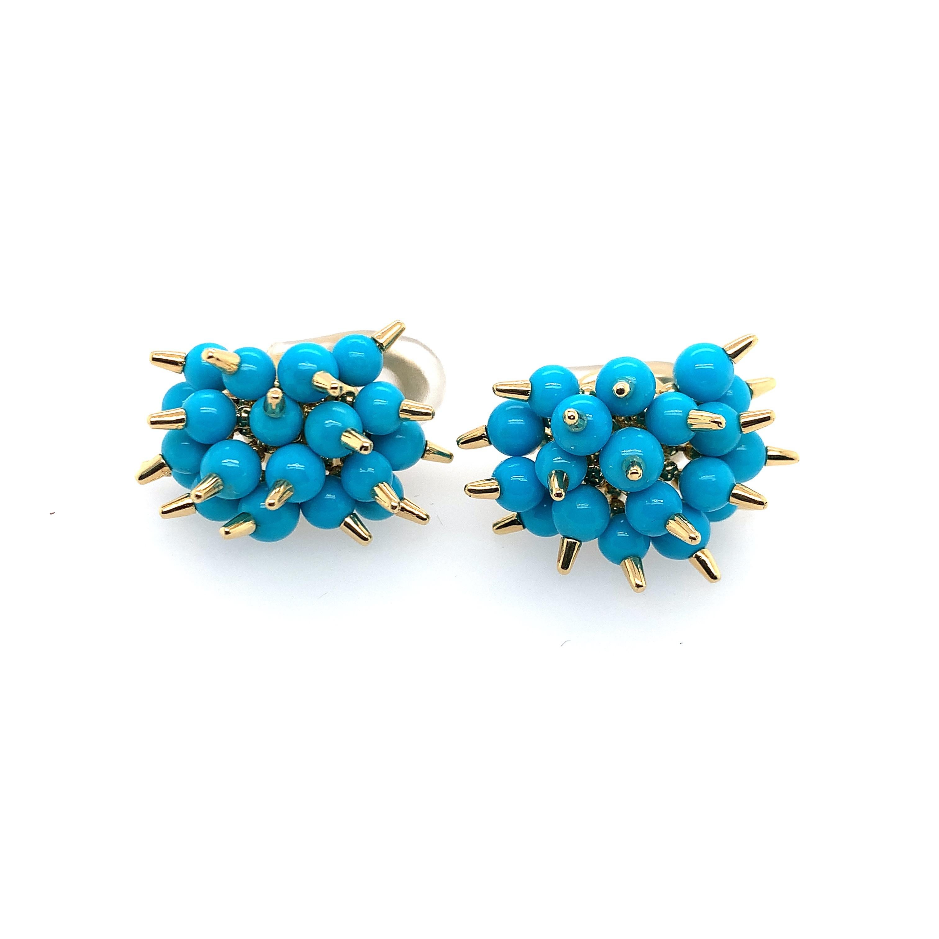 Contemporary A Pair of Turquoise and Gold Ear Clips, Aletto Bros. For Sale