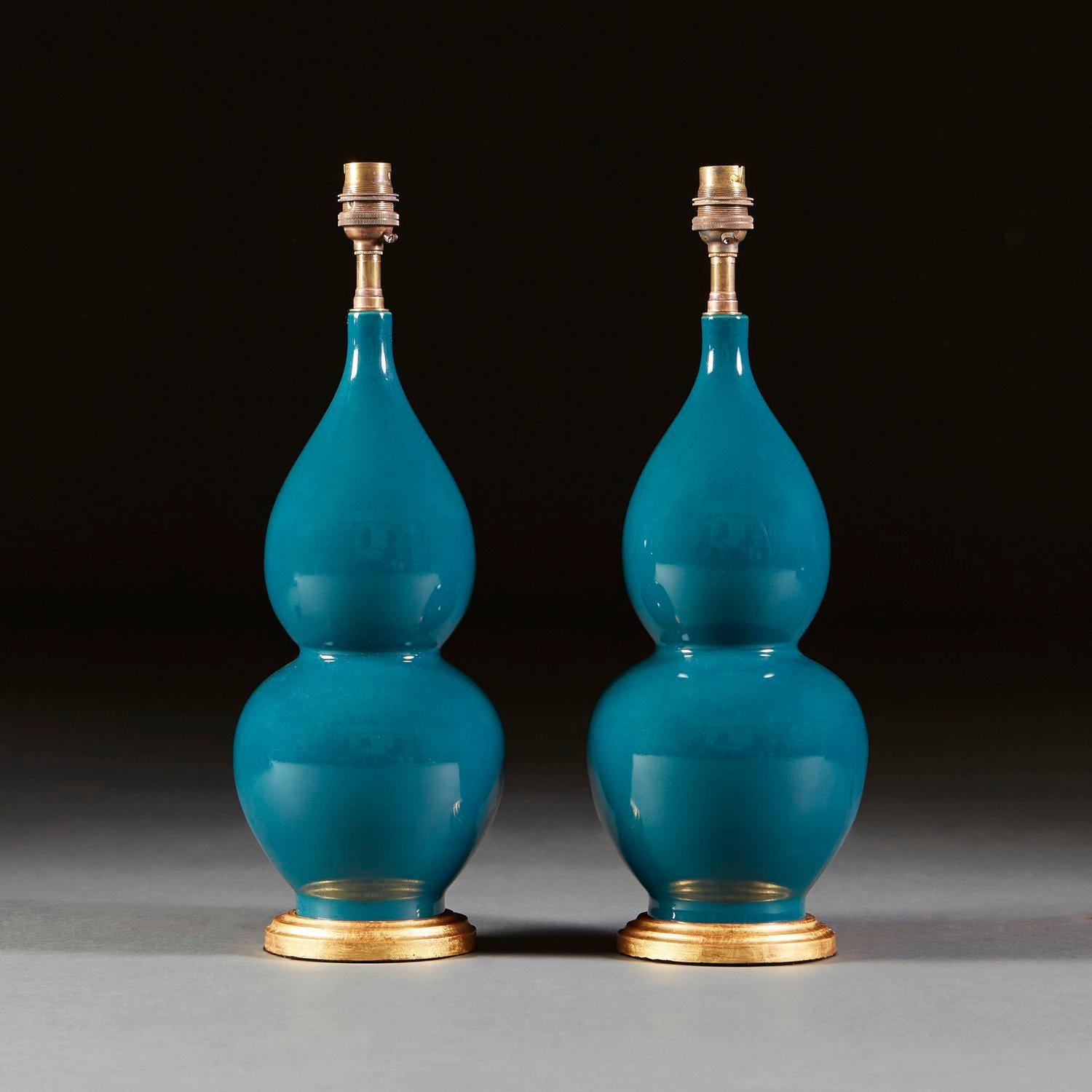Pair of Turquoise Chinese Double Gourd Vases as Lamps In Good Condition In London, GB
