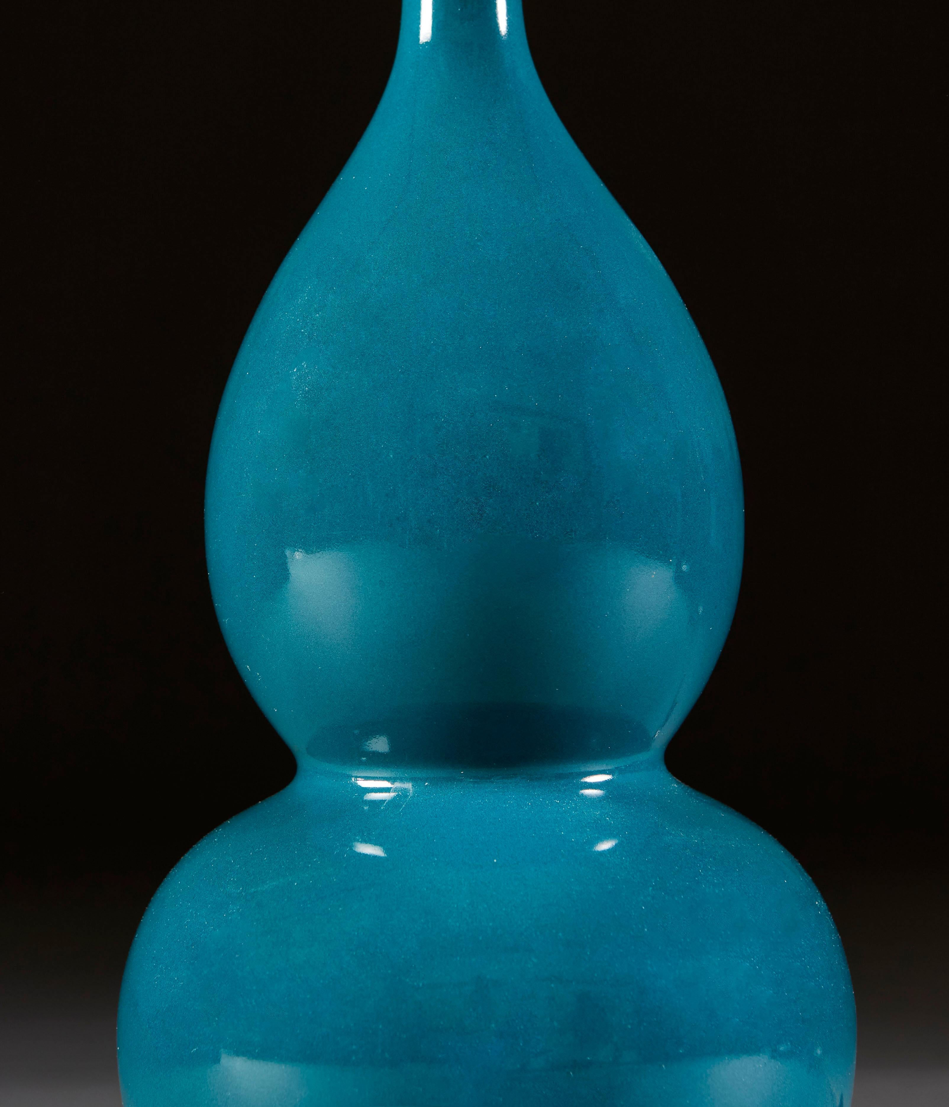 20th Century Pair of Turquoise Chinese Double Gourd Vases as Lamps