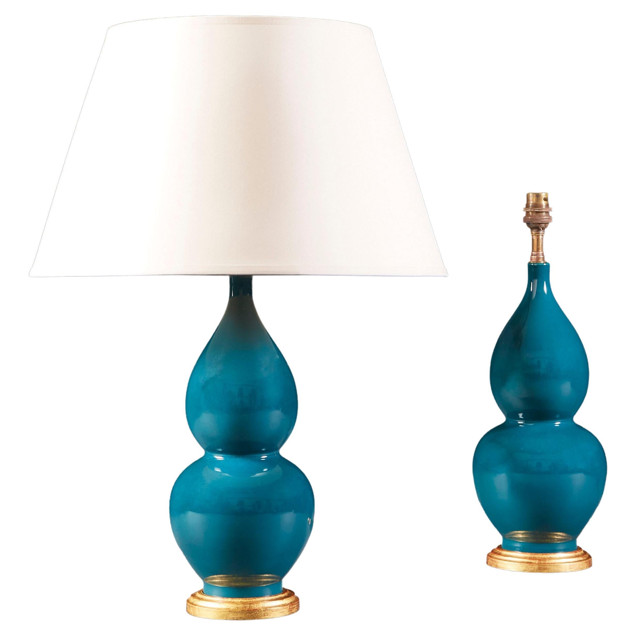 Pair of Turquoise Chinese Double Gourd Vases as Lamps