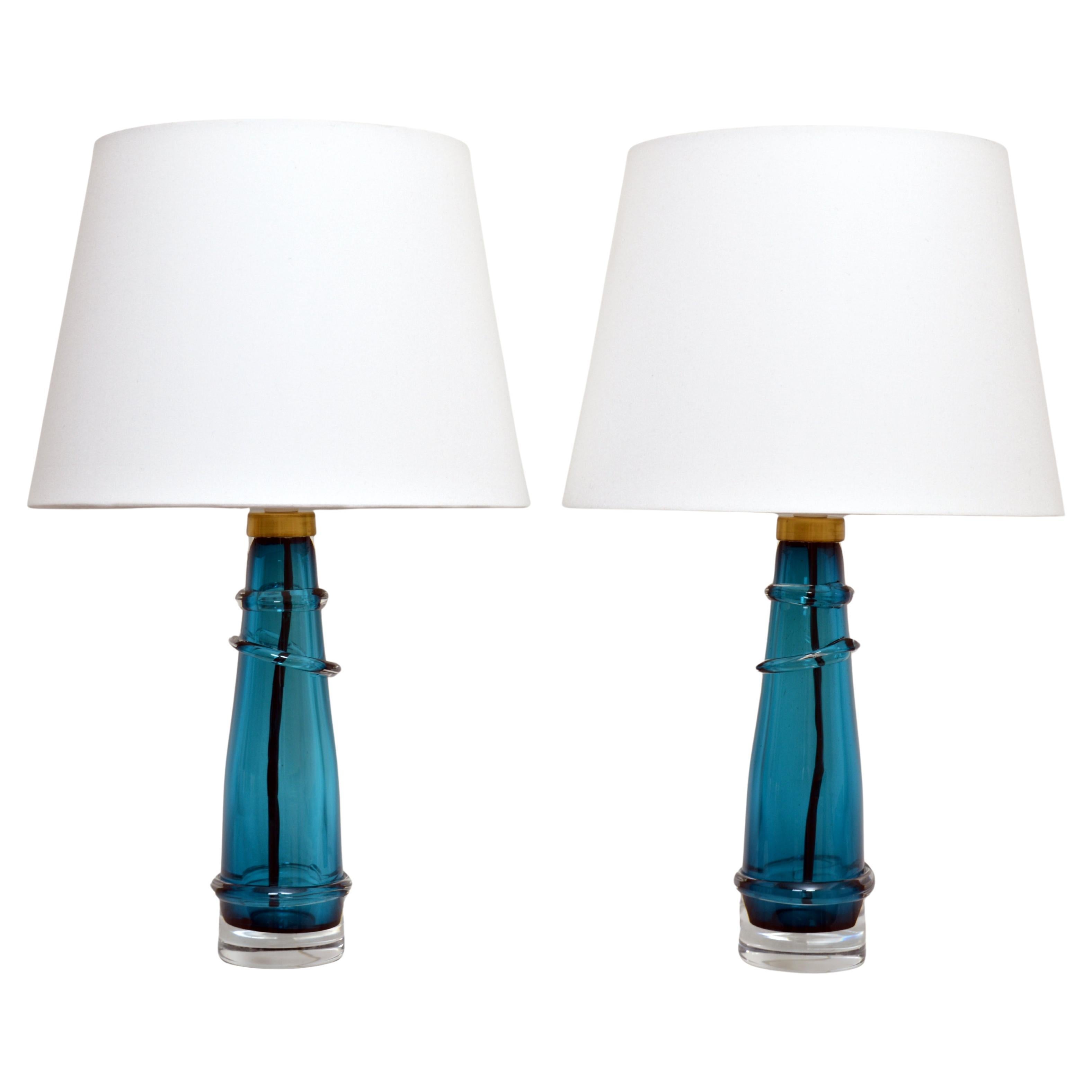A Pair of Turquoise Glass Table Lamps by Carl Fagerlund for Orrefors, Sweden