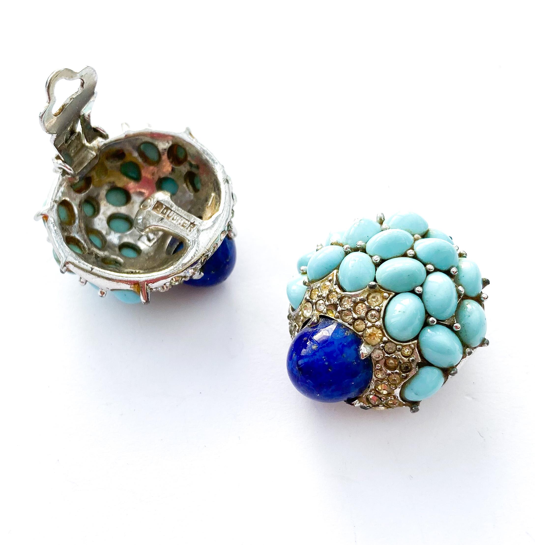 A pair of turquoise, lapis and clear paste earrings, Marcel Boucher, USA, 1960s. For Sale 1