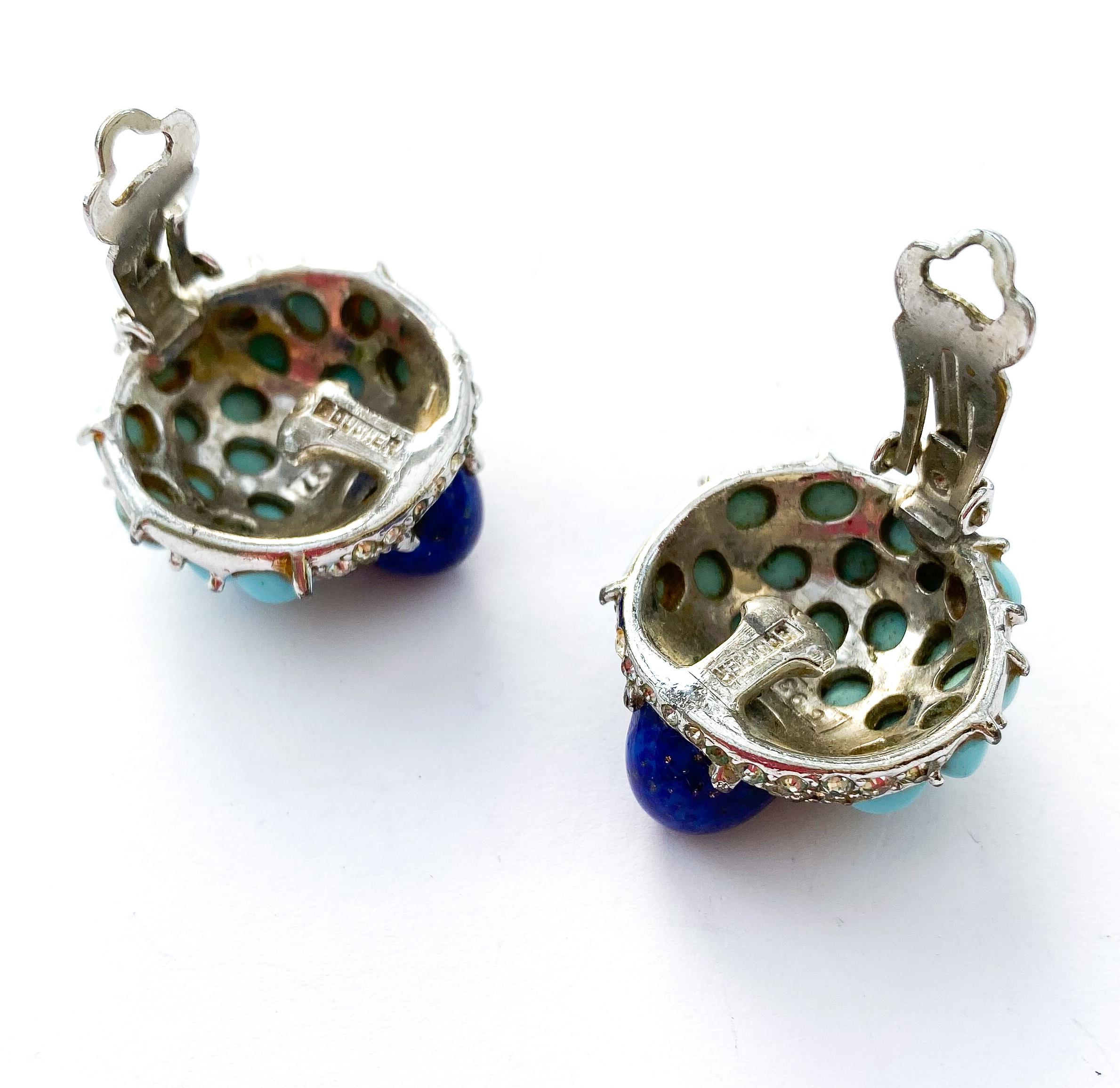 A pair of turquoise, lapis and clear paste earrings, Marcel Boucher, USA, 1960s. For Sale 2