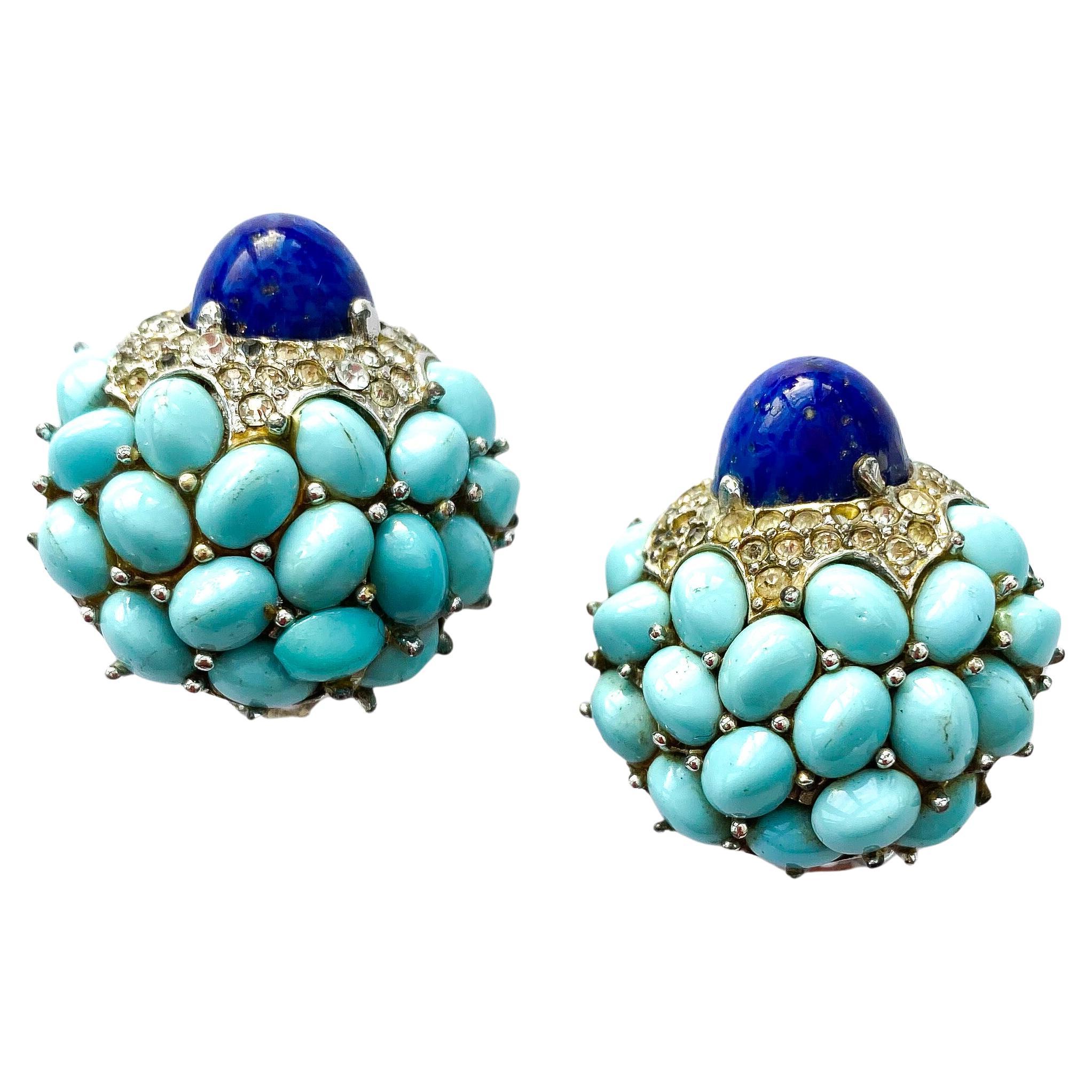 A pair of turquoise, lapis and clear paste earrings, Marcel Boucher, USA, 1960s. For Sale