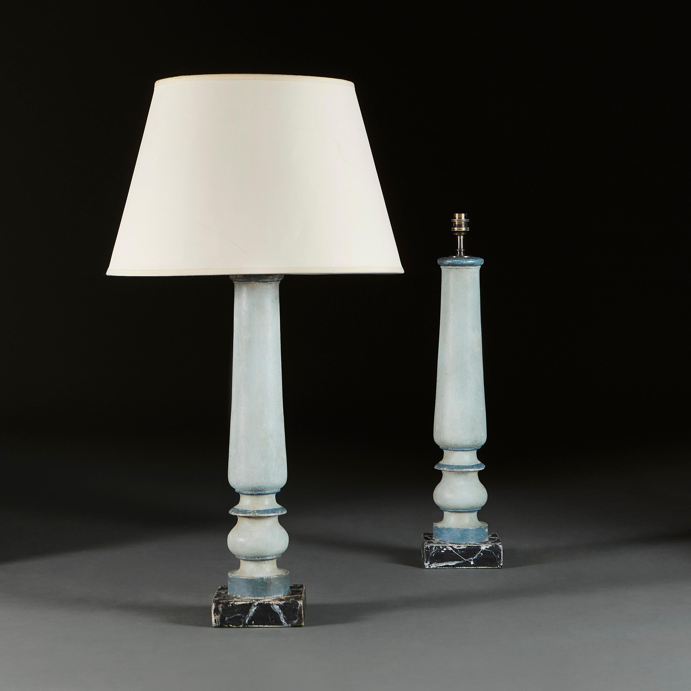 Italy, circa 1900.

A pair of unusual painted Italian table lamps with square pedestal bases, painted to simulate marble.

Please note: This is currently wired for the UK with BC bulb fitting, twisted bronze silk flex, torpedo switch, and 13amp